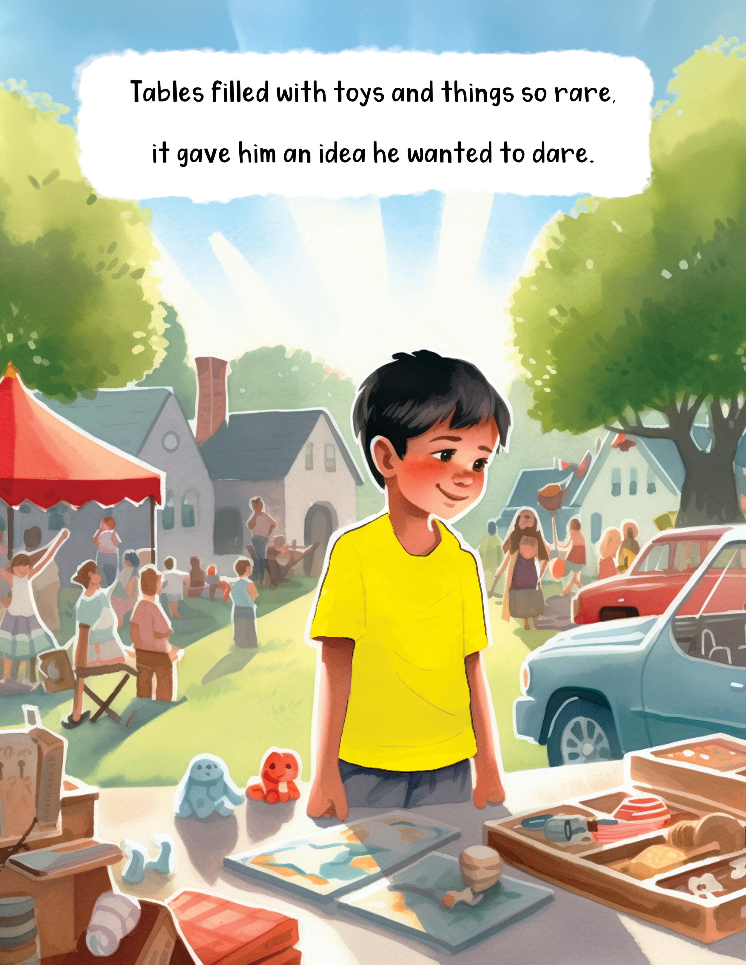 A young boy at a craft fair or market, standing in front of tables filled with handmade toys, crafts, and artworks. Bust of a young boy with black hair wearing a yellow shirt is visible in the foreground, surrounded by various handmade items and deco