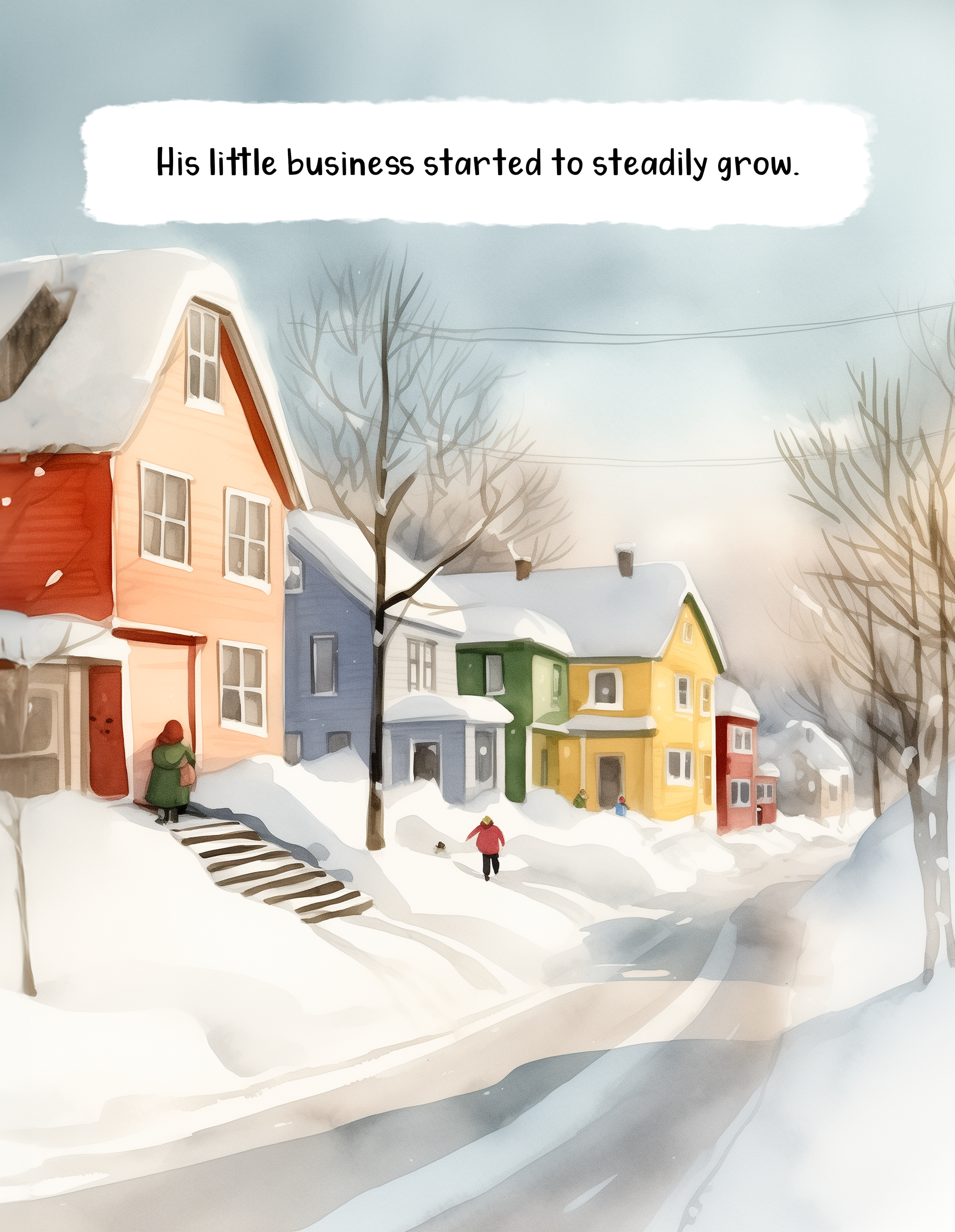 Colorful houses in a snowy neighborhood with children playing and walking, leafless trees, overcast sky.