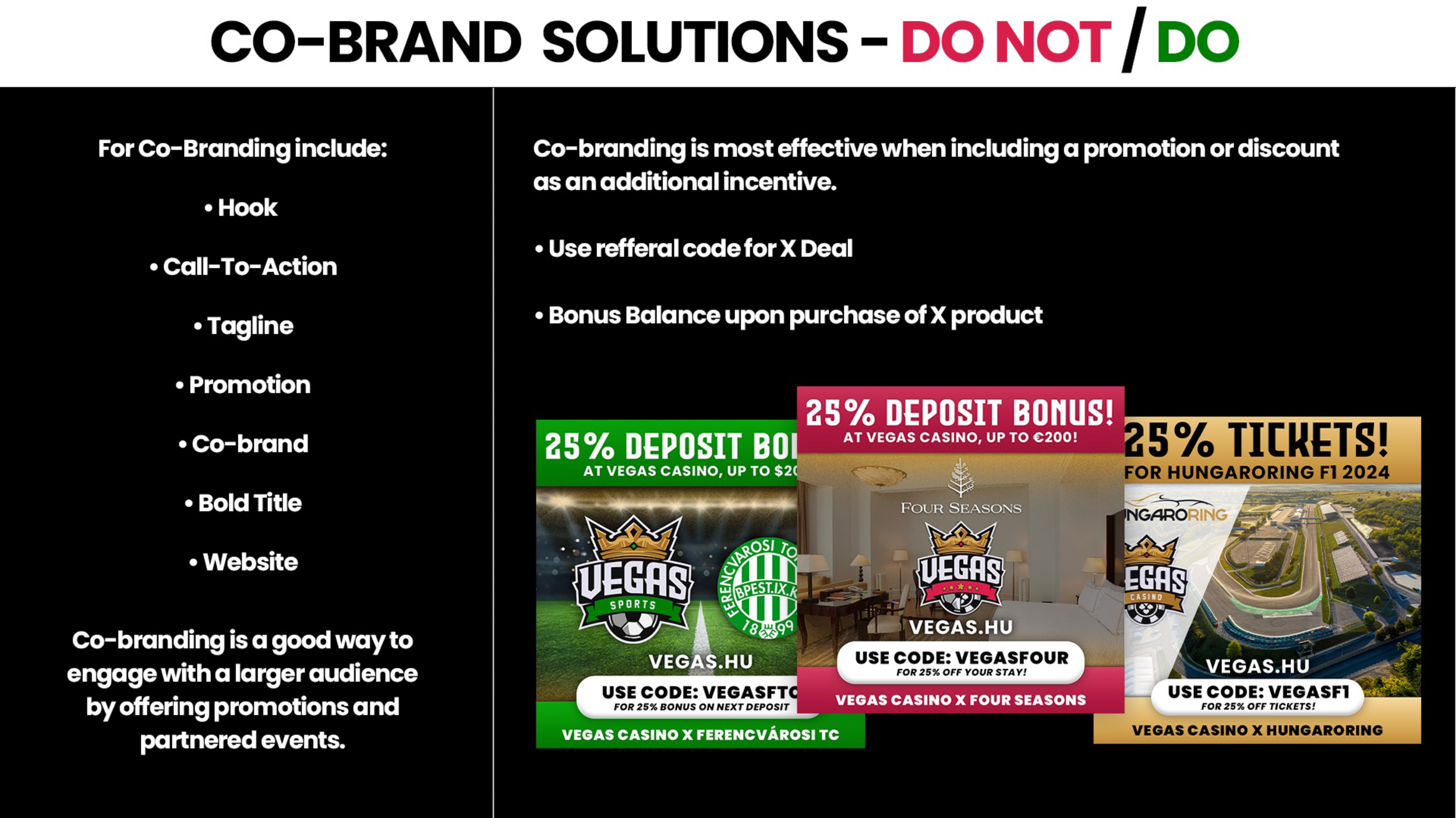 A comparison chart with the title 'Co-Brand Solutions' showing a list of do and do not suggestions, with sample co-branded advertisements below promoting casino bonuses and discounts for Vegas casinos.