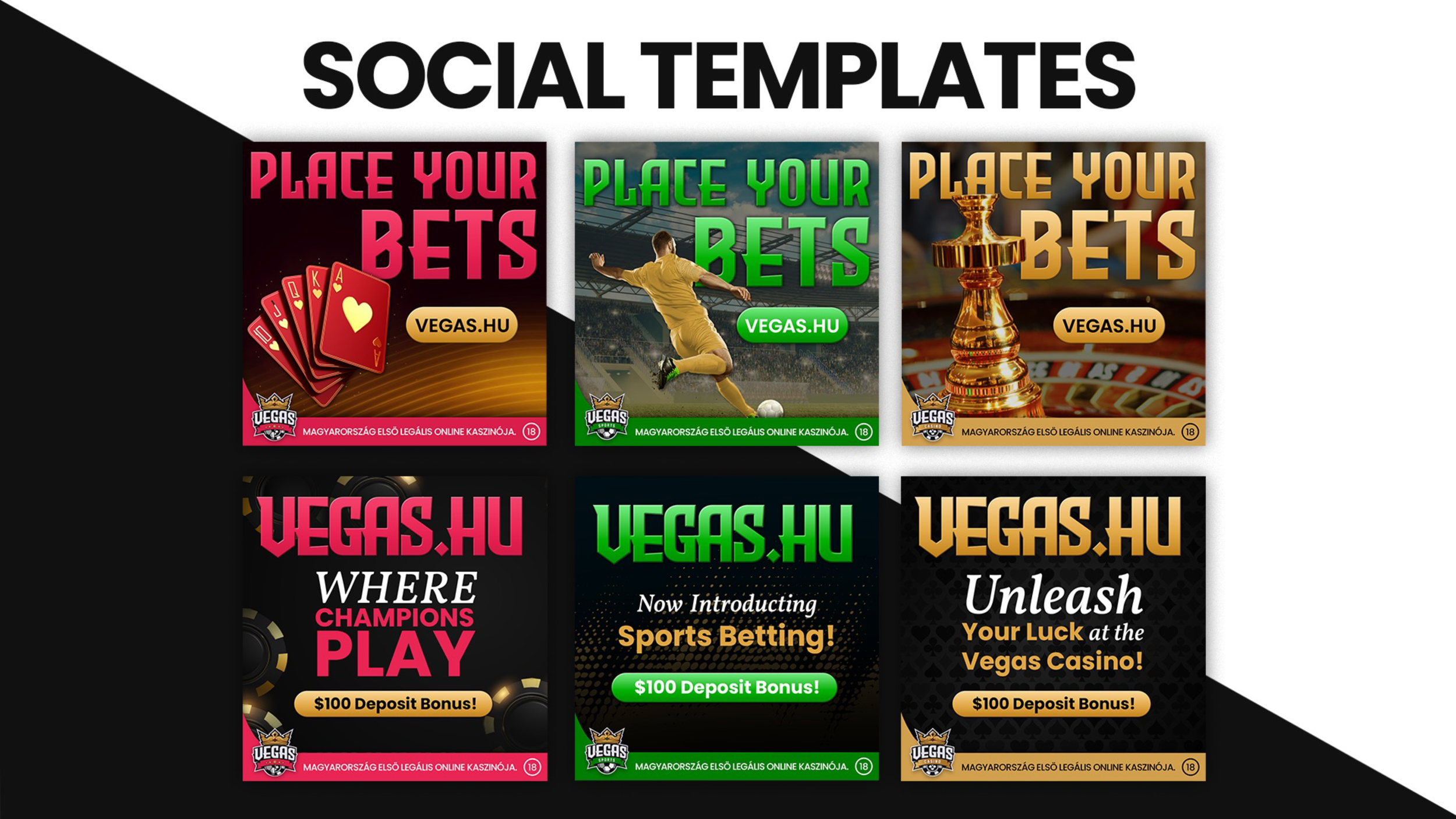 Collection of colorful social media templates with betting and casino themes, featuring images of playing cards, a soccer player, a golden chess piece, and promotional text for Vegas.hu.
