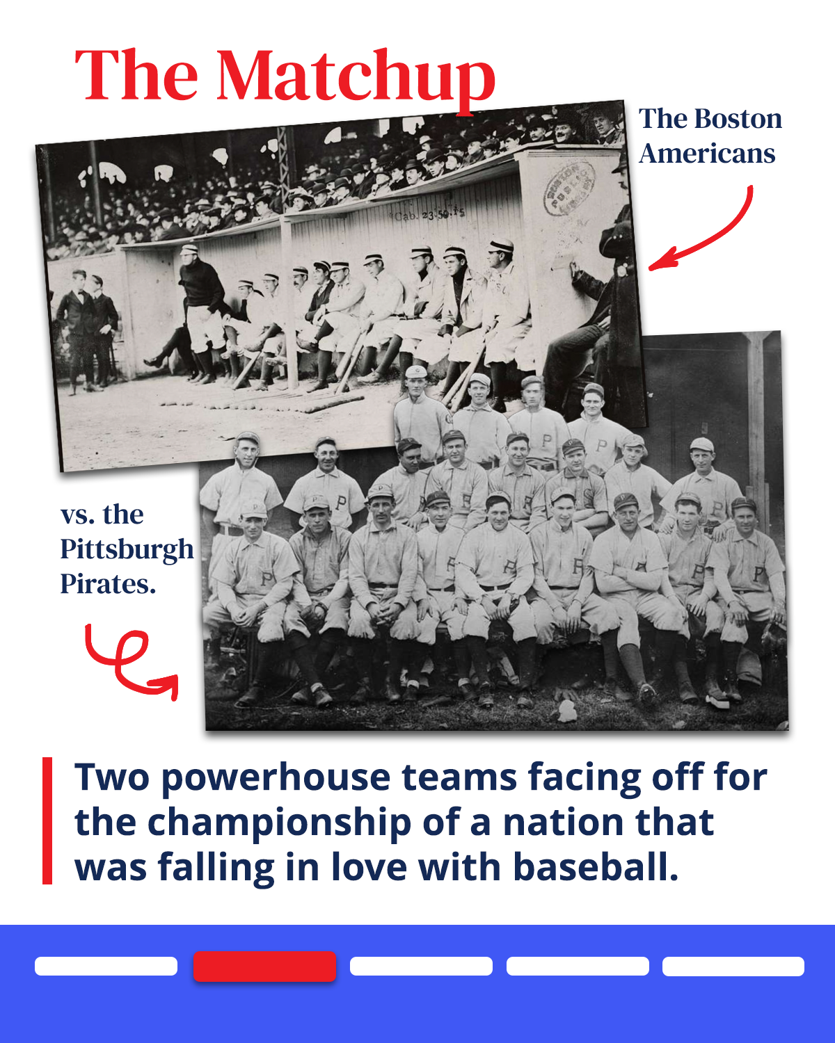 Black and white photo of Boston Americans baseball team and Pittsburgh Pirates team, with text overlay reading 'The Matchup vs. the Pittsburgh Pirates' and a caption describing a baseball championship game.