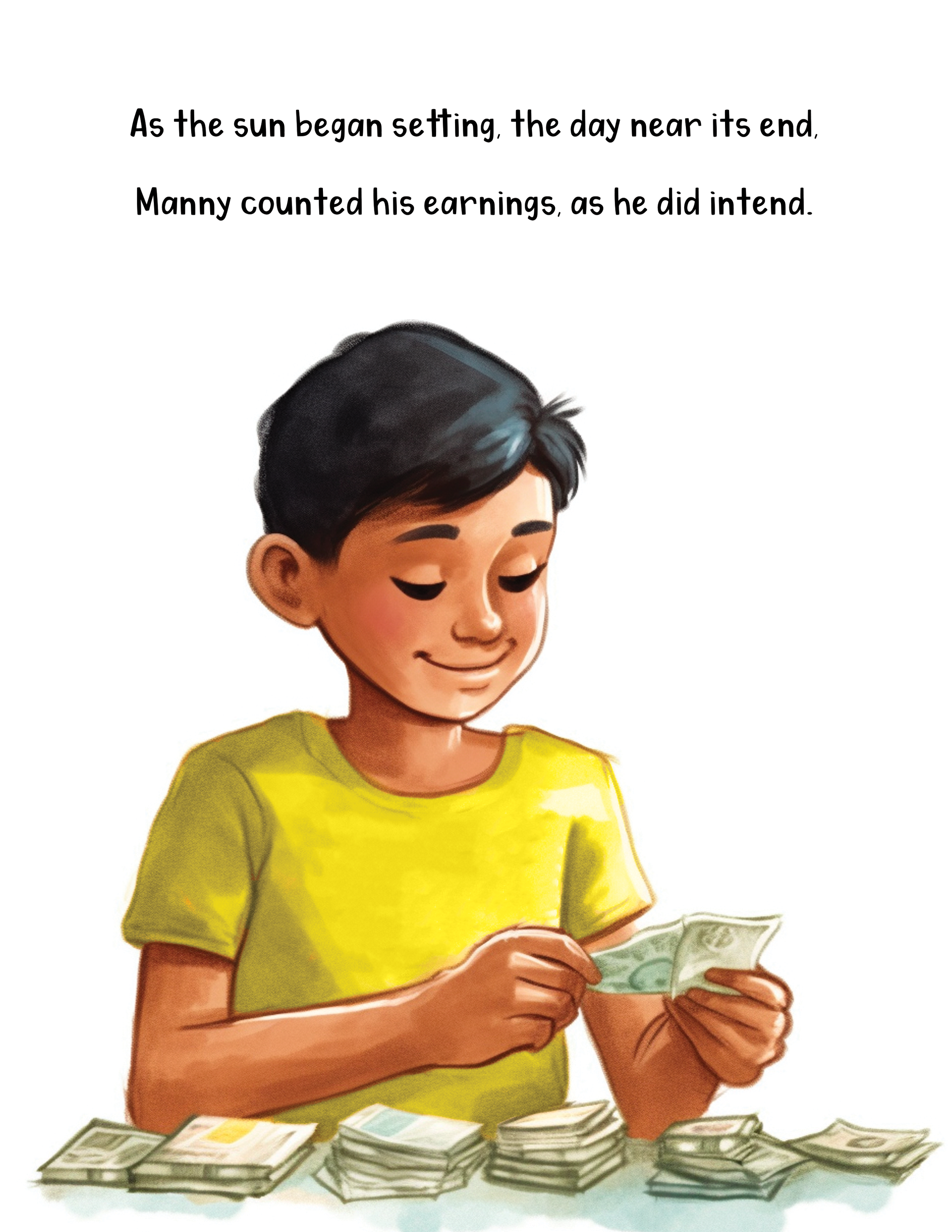A young boy with dark hair and a yellow shirt is looking at money in his hands, with stacks of cash on the table in front of him.