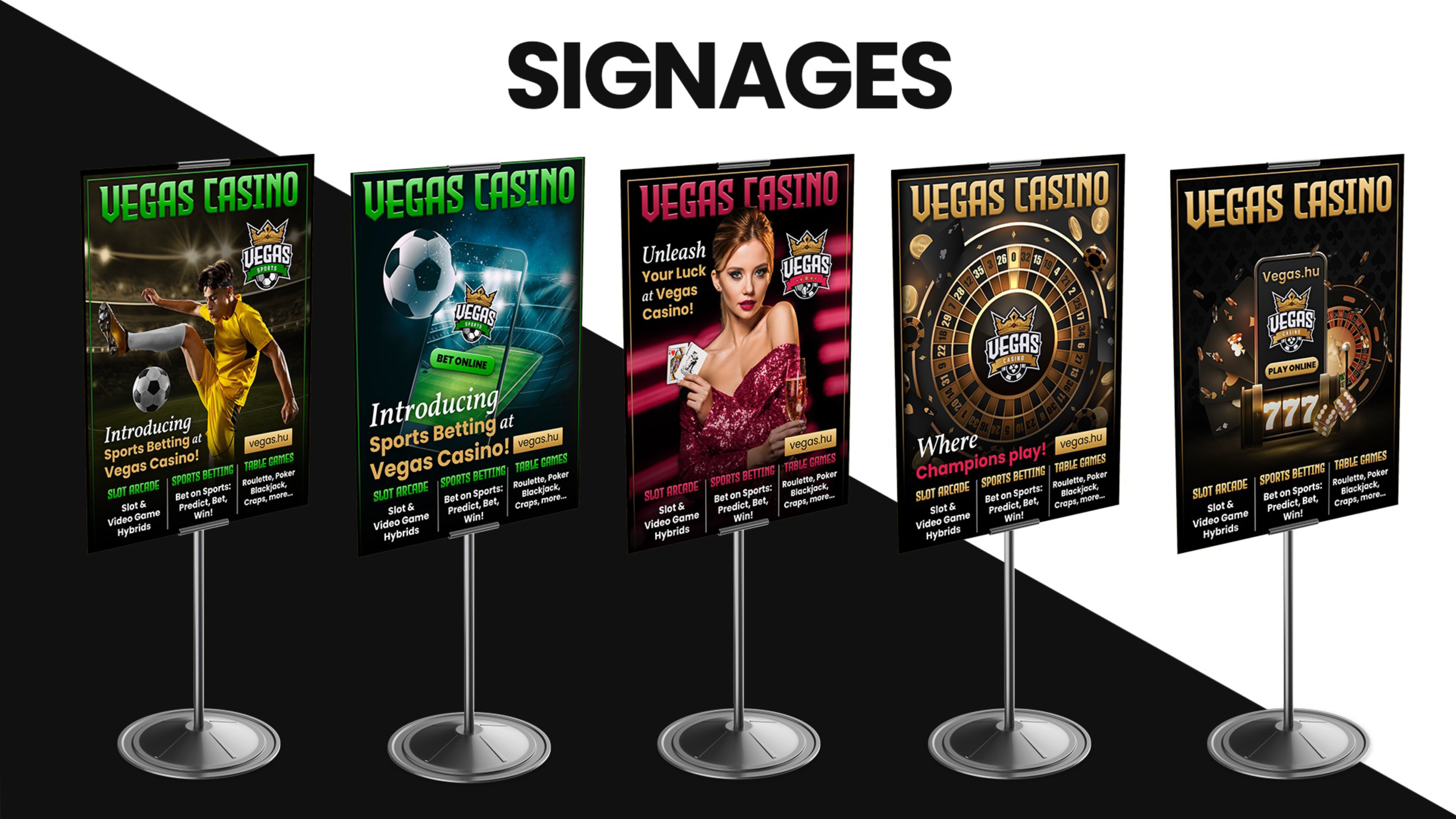 Five Vegas casino promotion signs on stands featuring images of a soccer player, a soccer ball, a woman with playing cards, a roulette wheel, and a slot machine, with text promoting sports betting, table games, and online casino games.