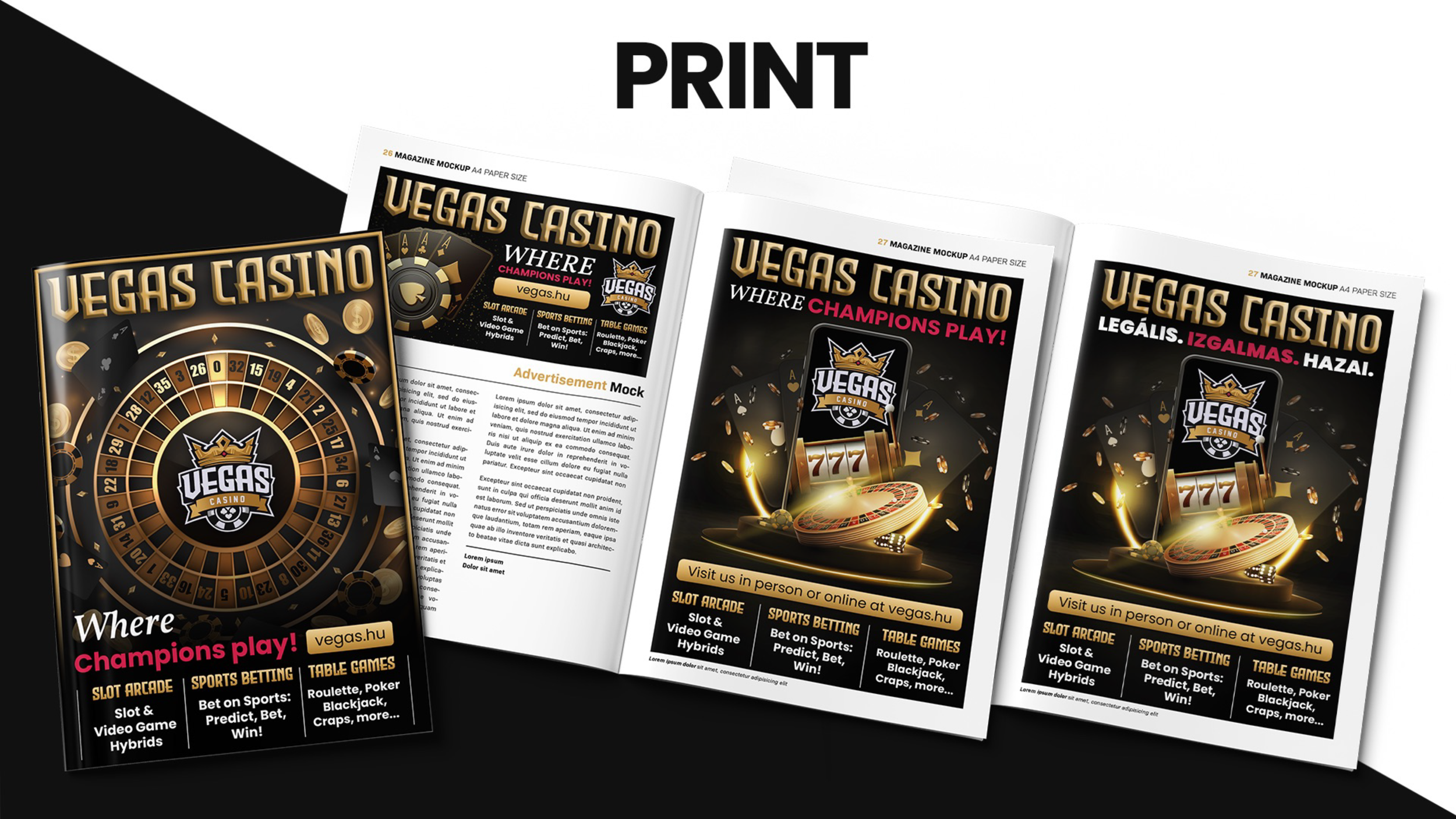A magazine mockup promoting Vegas Casino with images of roulette wheels, poker chips, and a slot machine, featuring bold gold and black text and details about games and betting options.