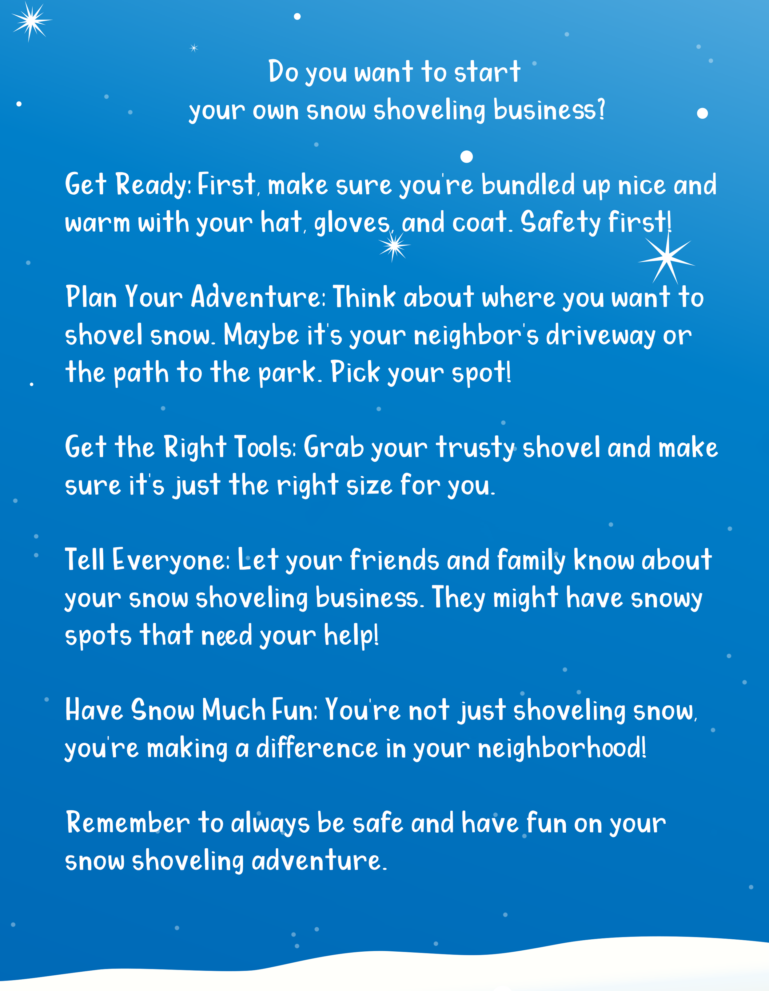 A colorful poster with a snowy winter theme headlines and tips about snow shoveling, including safety, planning, and encouragement for fun and community support.