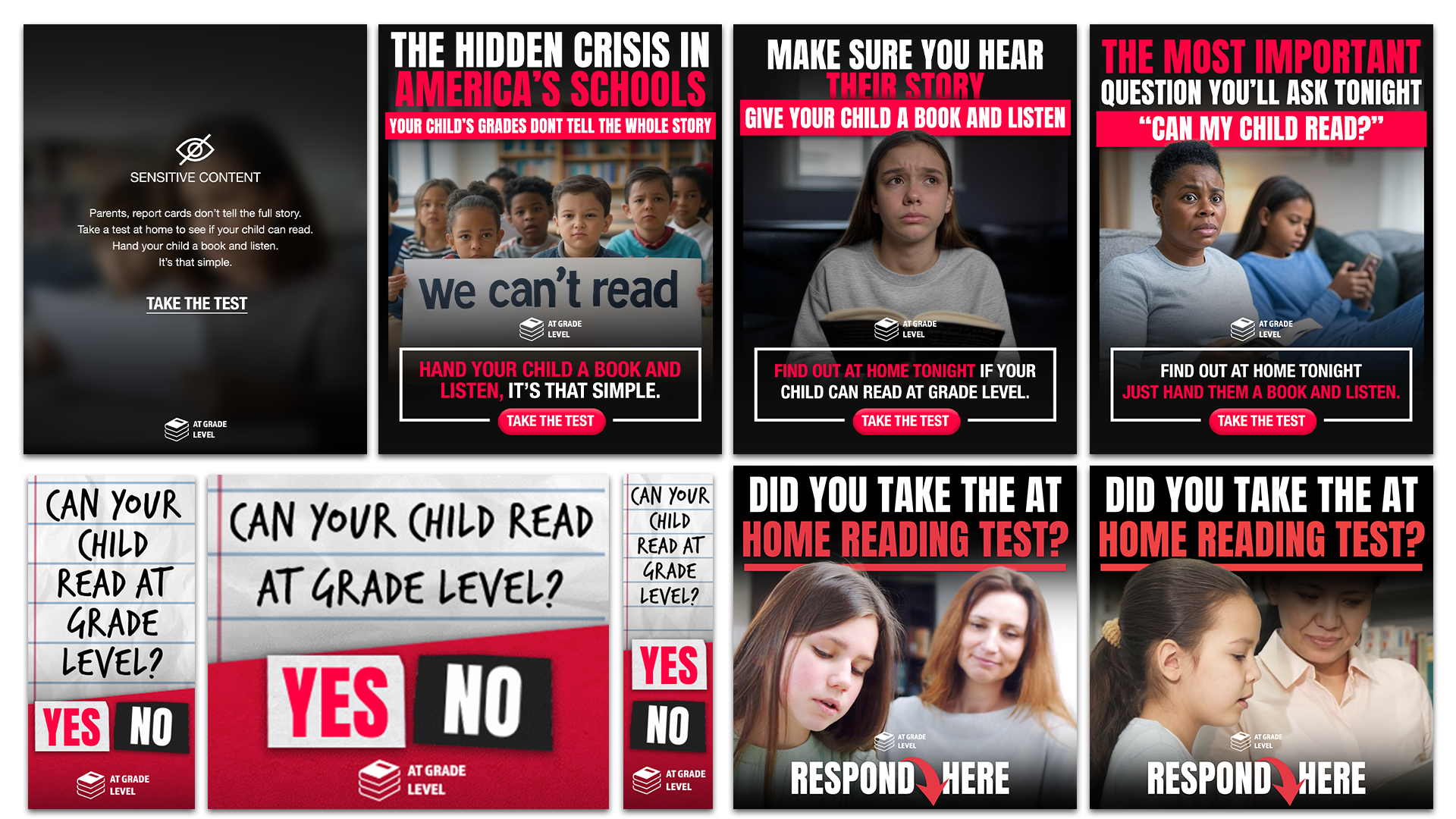 Multiple educational posters and flyers about children's reading skills and assessments, including questions like 'Can your child read at grade level?' and instructions for parents on how to help their children with reading tests.