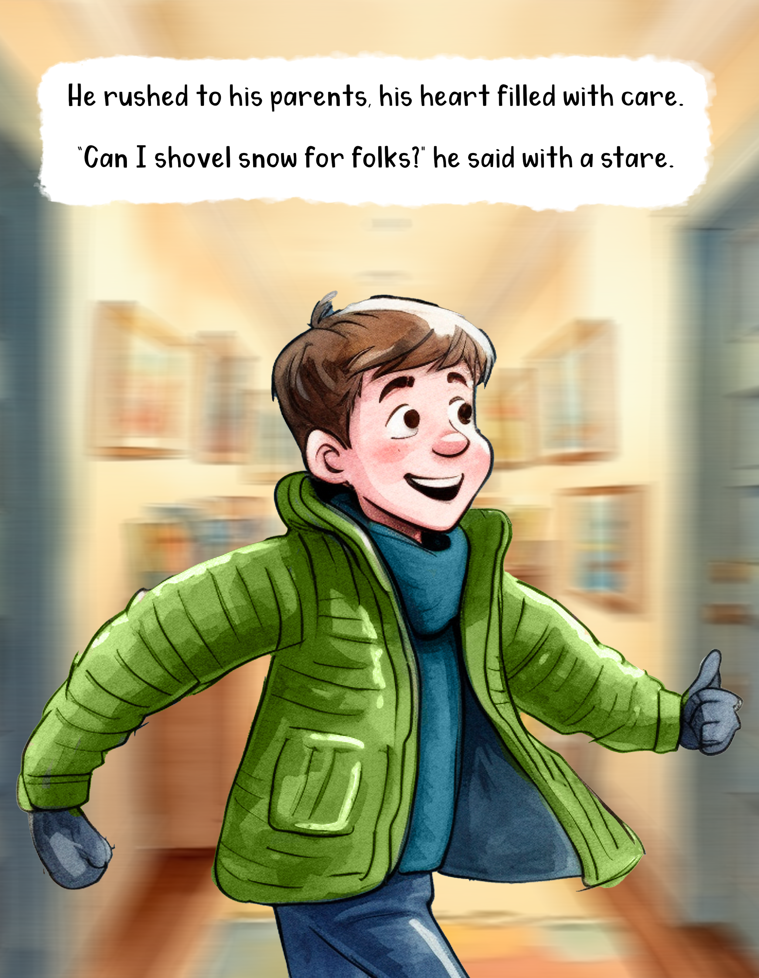 A young boy running outdoors with a big smile, wearing a bright green jacket, blue hoodie, and gray gloves, against a blurred background of houses.