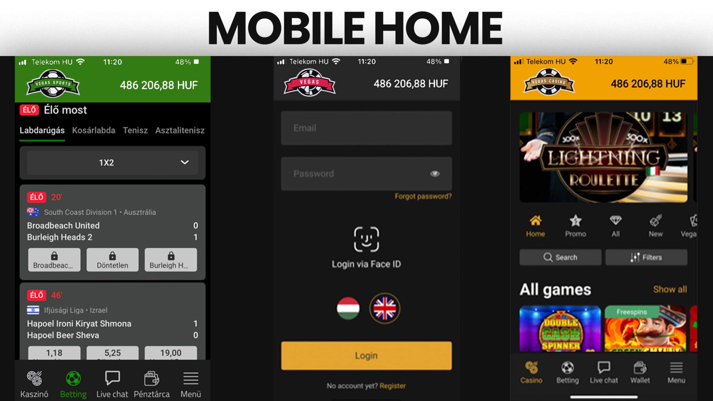 Screenshots of a betting app showing sports betting options, login page, and casino games on a mobile device.