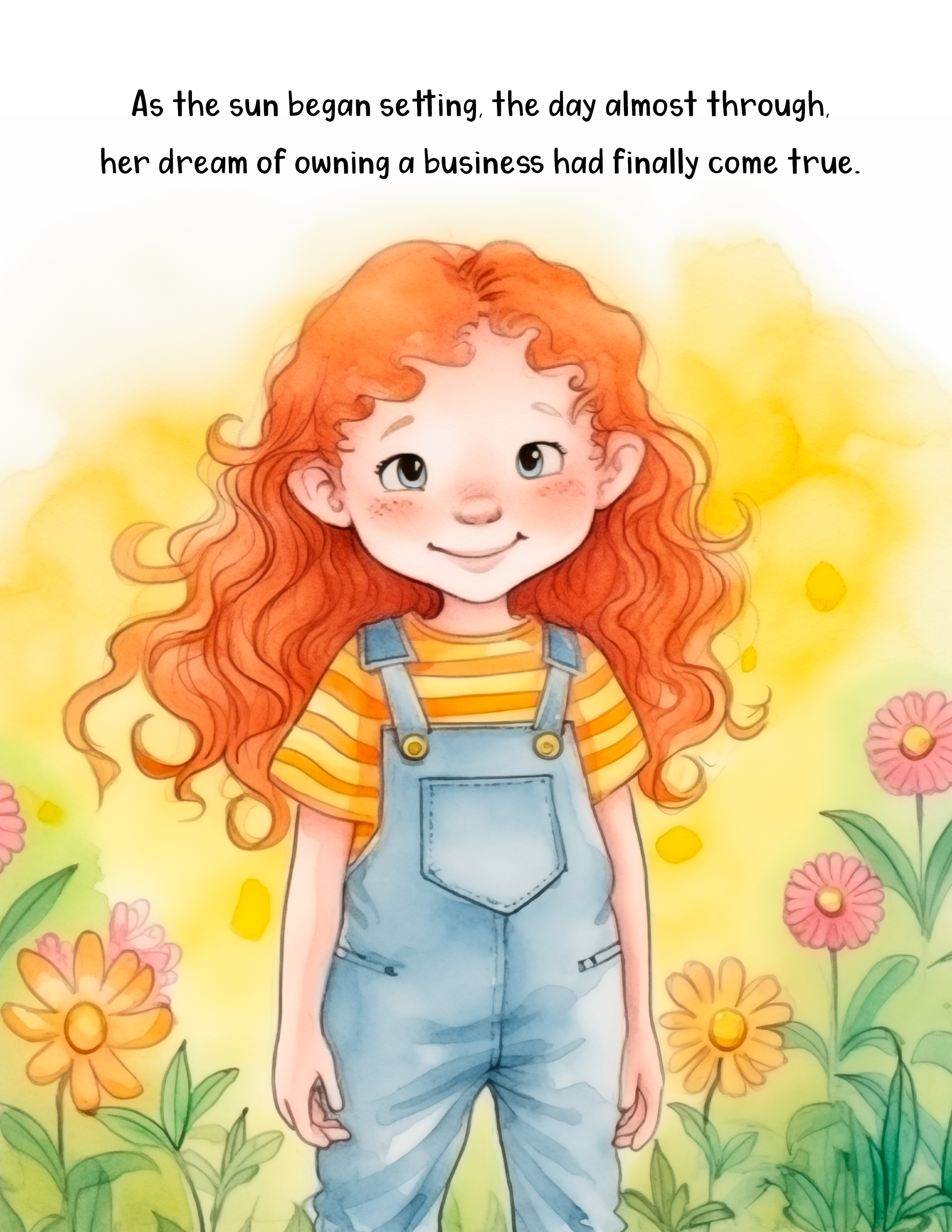 A young girl with long, curly red hair standing outdoors among yellow flowers, wearing a yellow and white striped shirt and denim overalls, smiling.