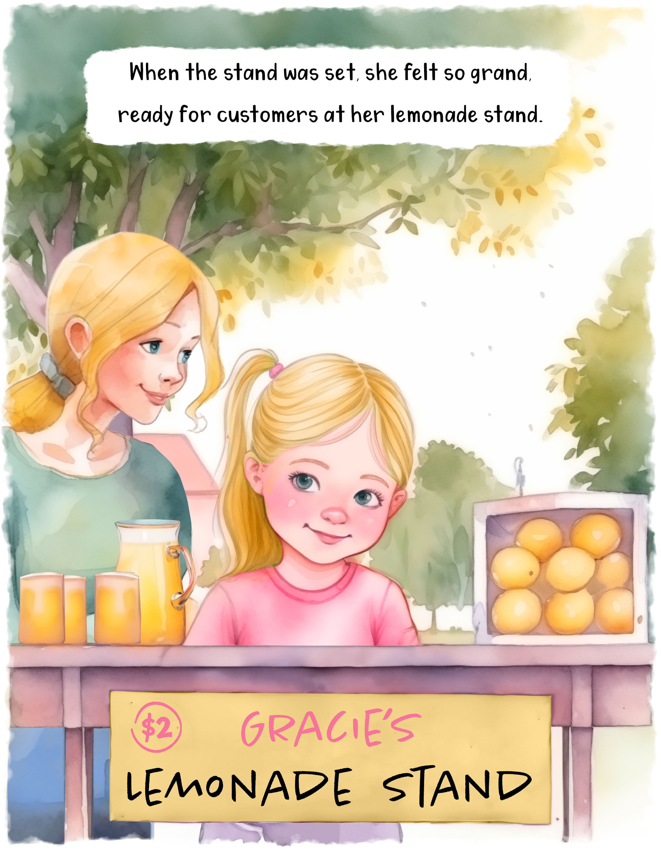 Illustration of a lemonade stand with a young girl in a pink shirt and blonde hair, and a woman with blonde hair and blue eyes. The stand has a yellow sign with pink and black writing advertising lemonade for $2. There are lemons in a box, and glasse
