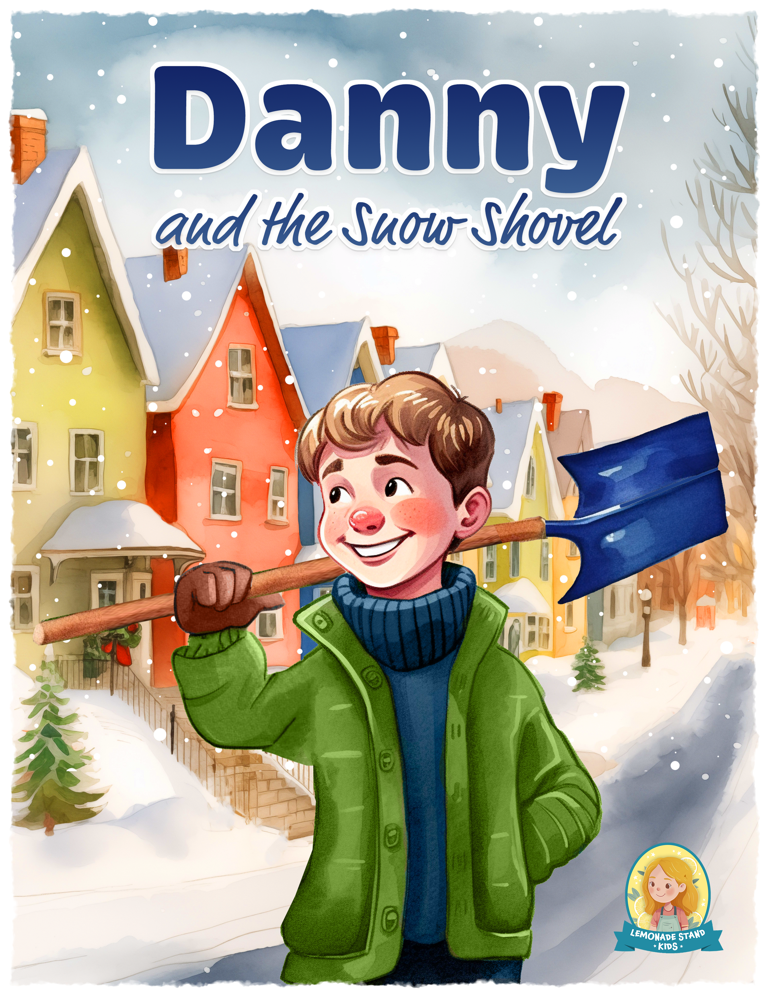 A young boy with brown hair, wearing a green winter coat and a blue sweater, is smiling and holding a snow shovel. He is standing in a snowy neighborhood with colorful houses, snow-covered roofs and trees, and falling snow. In the bottom right corner