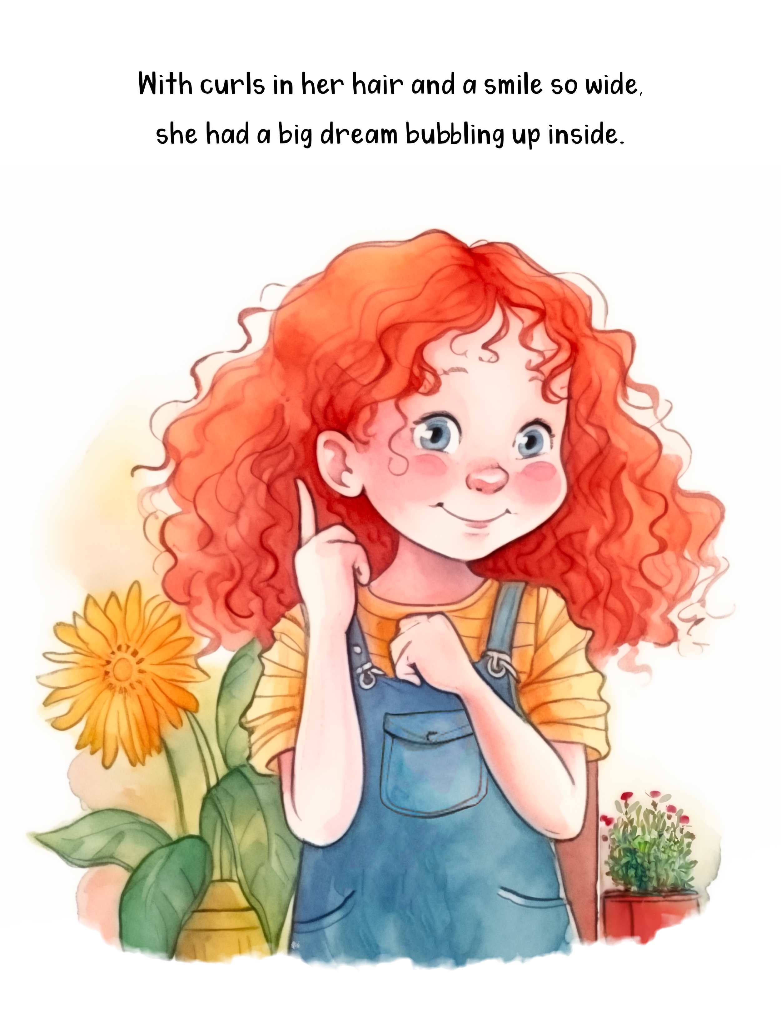 A drawing of a young girl with curly red hair smiling, wearing blue overalls over an orange shirt, surrounded by sunflowers and potted plants, with a caption about her cheerful personality.