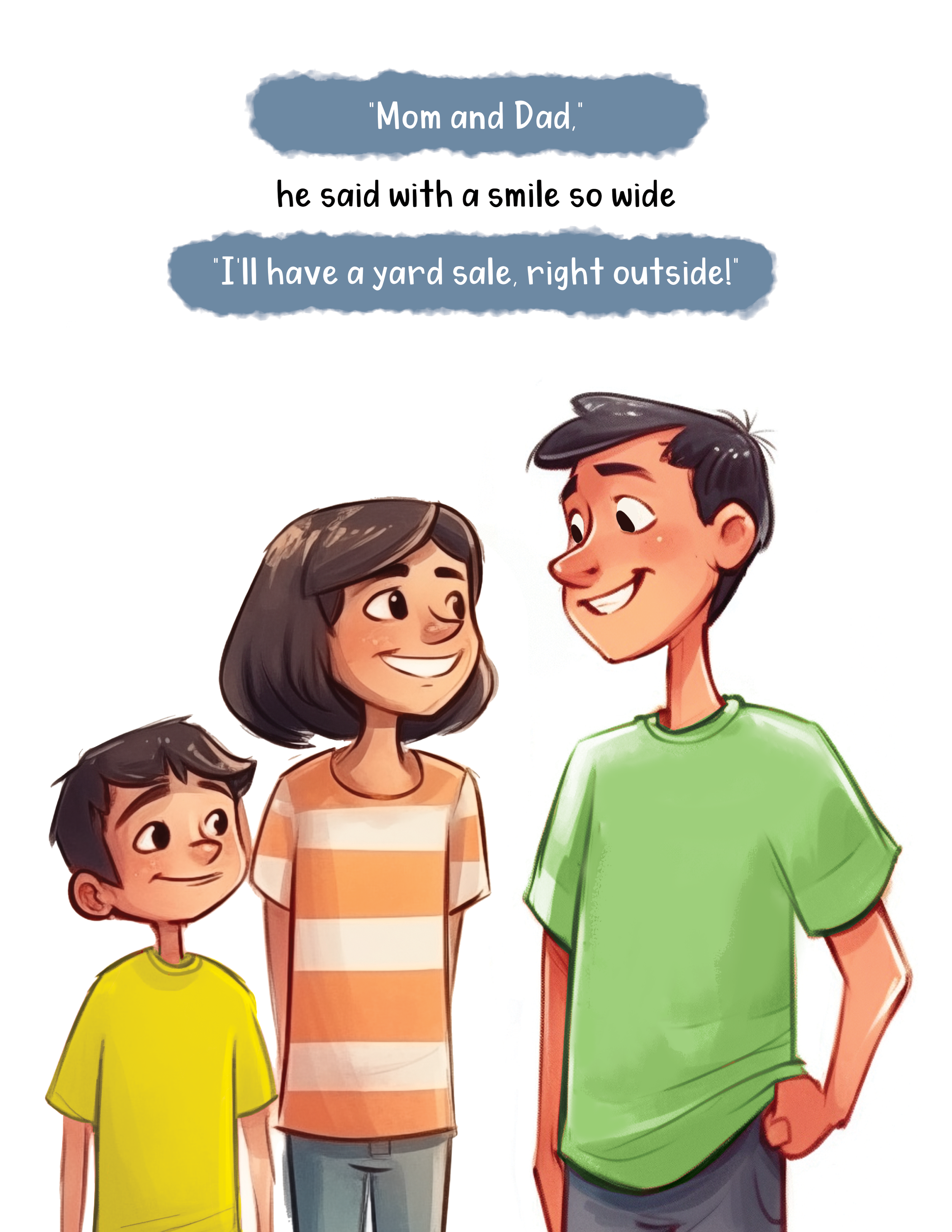 A family of four, including a woman, a girl, a boy, and a young man, standing and smiling at each other. The boy and the girl are looking up at the young man, who looks back at them. The image shows a friendly, warm family scene.