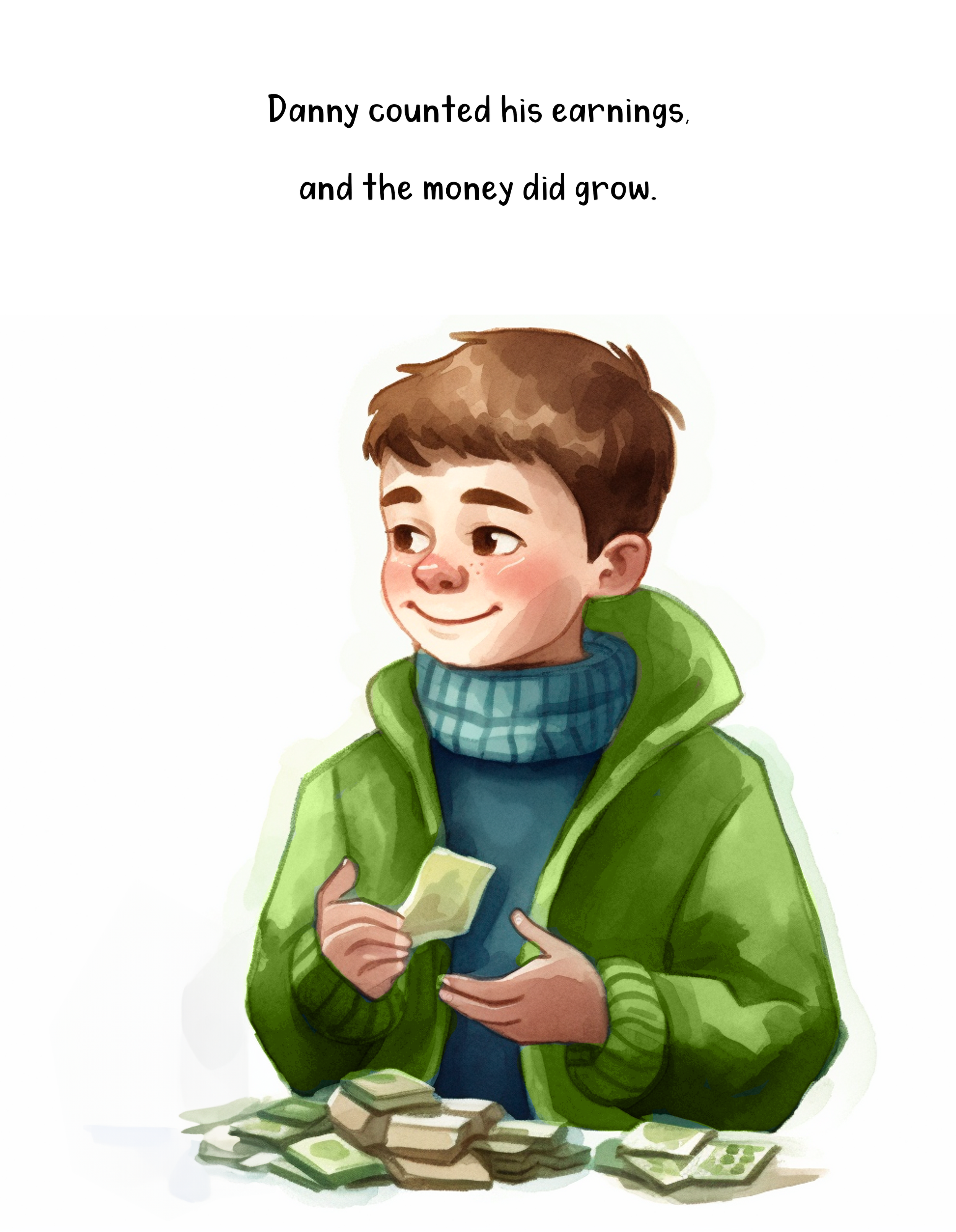 A boy with short brown hair, wearing a green jacket and blue shirt, counting money with dollar bills scattered in front of him, holding a dollar bill in his hand.