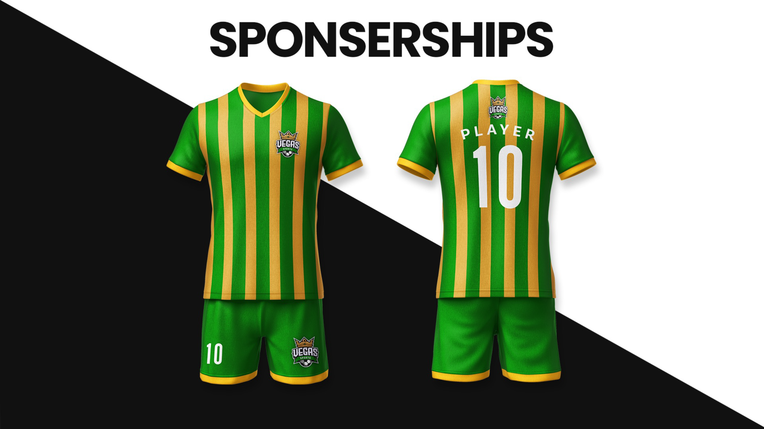 Two green and yellow striped sports jerseys with the text SPONSORSHIPS at the top. The jerseys feature a Vegas Sports logo on the front and back, with the number 10 and the word PLAYER on the back.