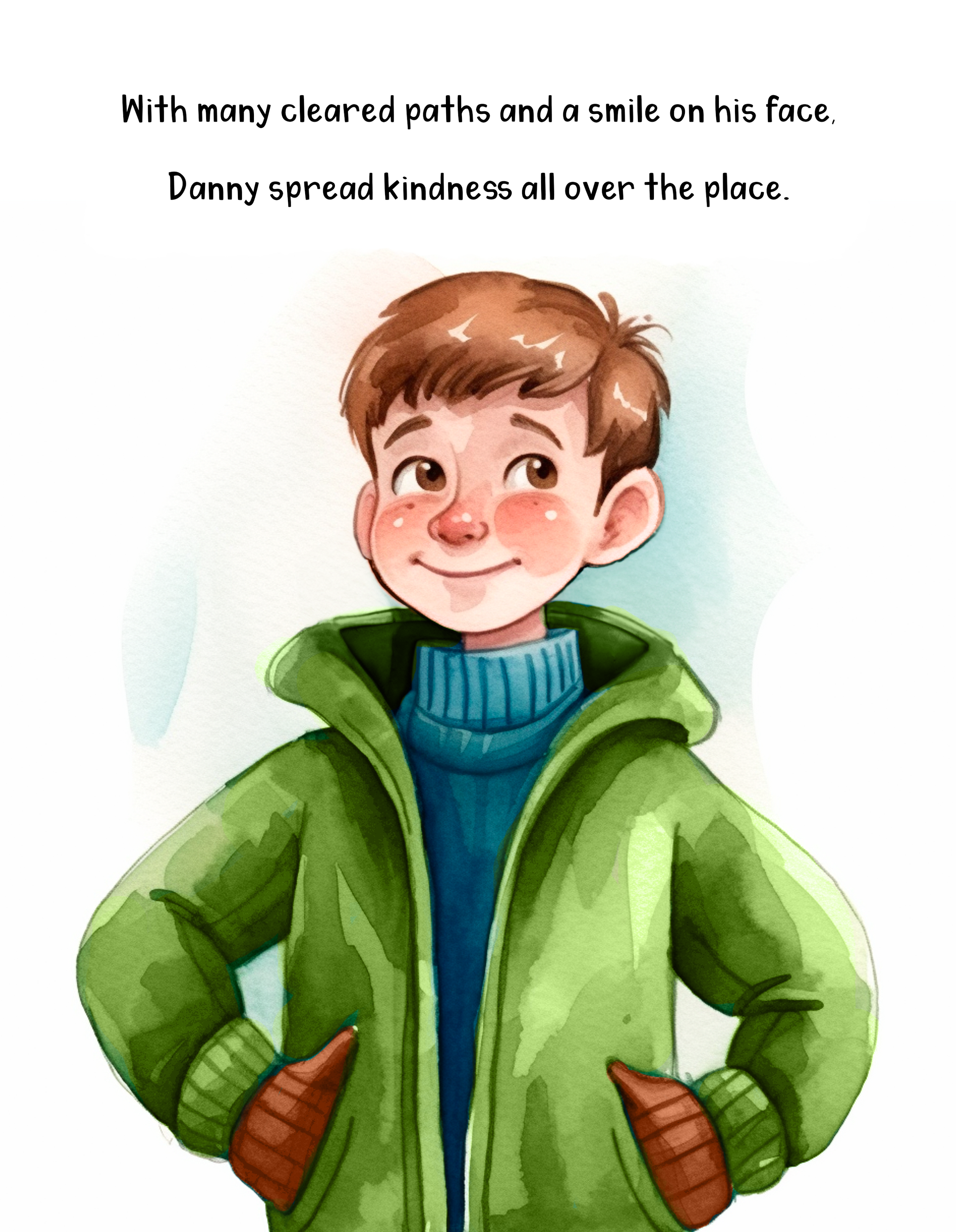 An illustrated young boy with brown hair and rosy cheeks, wearing a blue sweater and a green jacket, smiling with hands on his hips.