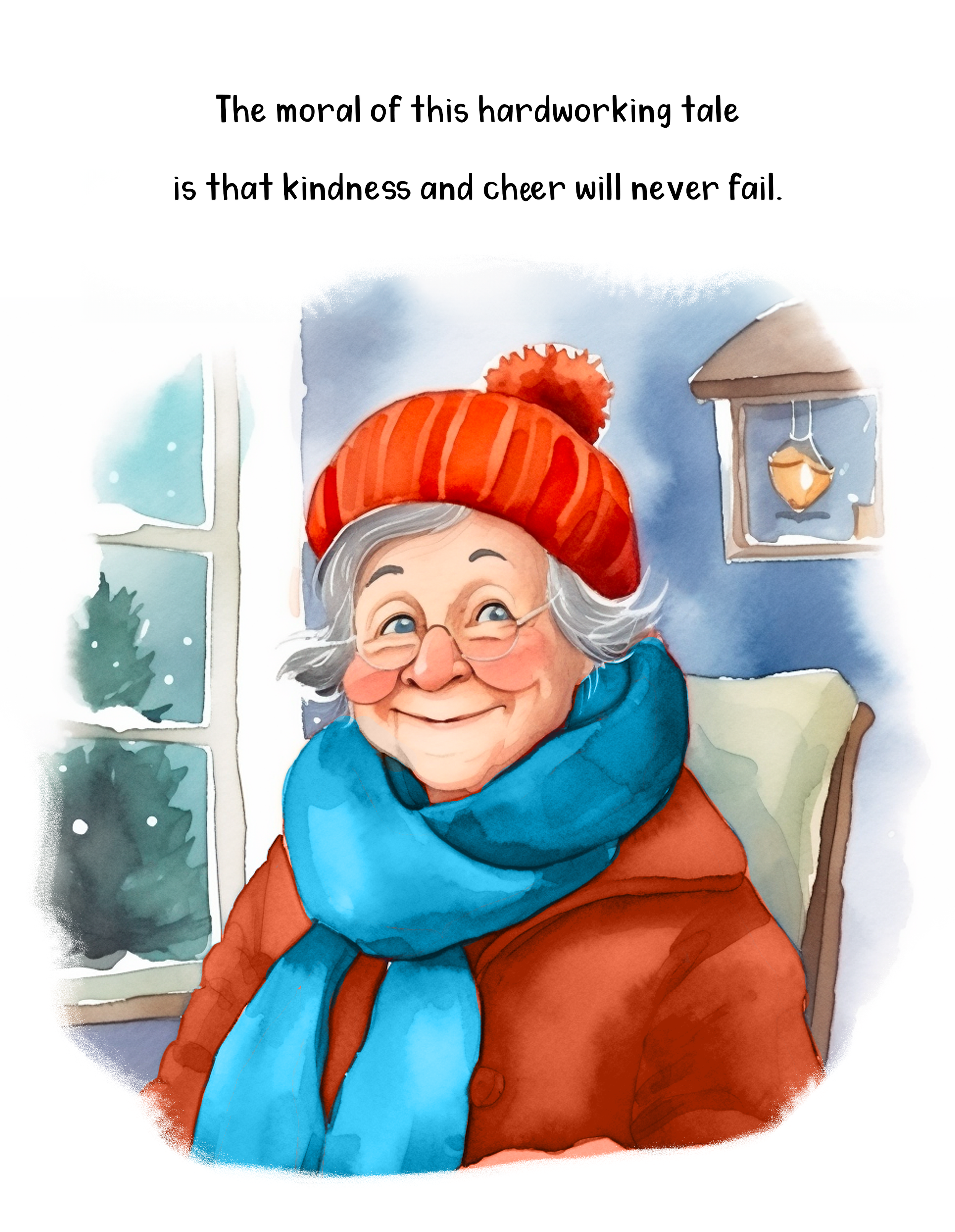A cheerful elderly woman wearing glasses, a red knitted hat with a pompom, a blue scarf, and a red coat, sitting by a window with snow falling outside, and a small lantern hanging on the wall.