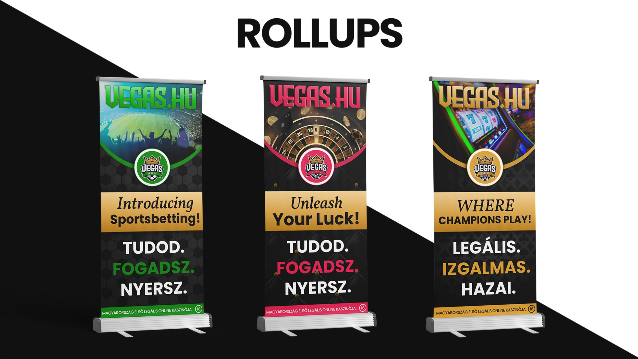 Three vertical banners promoting online gambling with colorful designs, including a stadium, roulette wheel, and slot machine, and text in Hungarian encouraging sports betting, luck, and casino games.