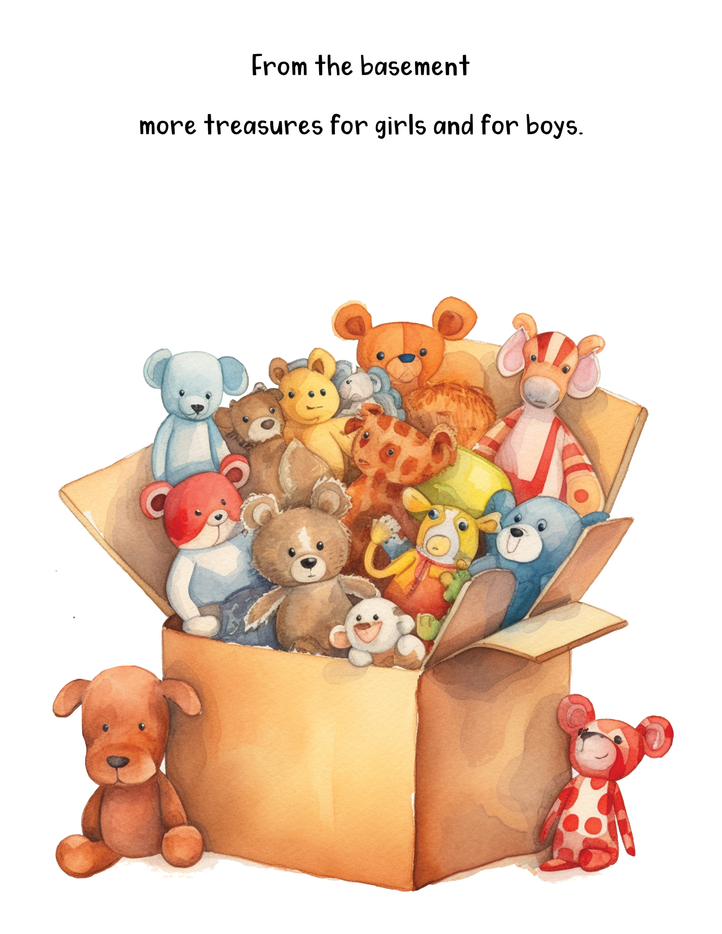 An open cardboard box filled with various stuffed animal toys, including bears, lions, tigers, monkeys, and zebras, with additional stuffed animals arranged around and on the box.