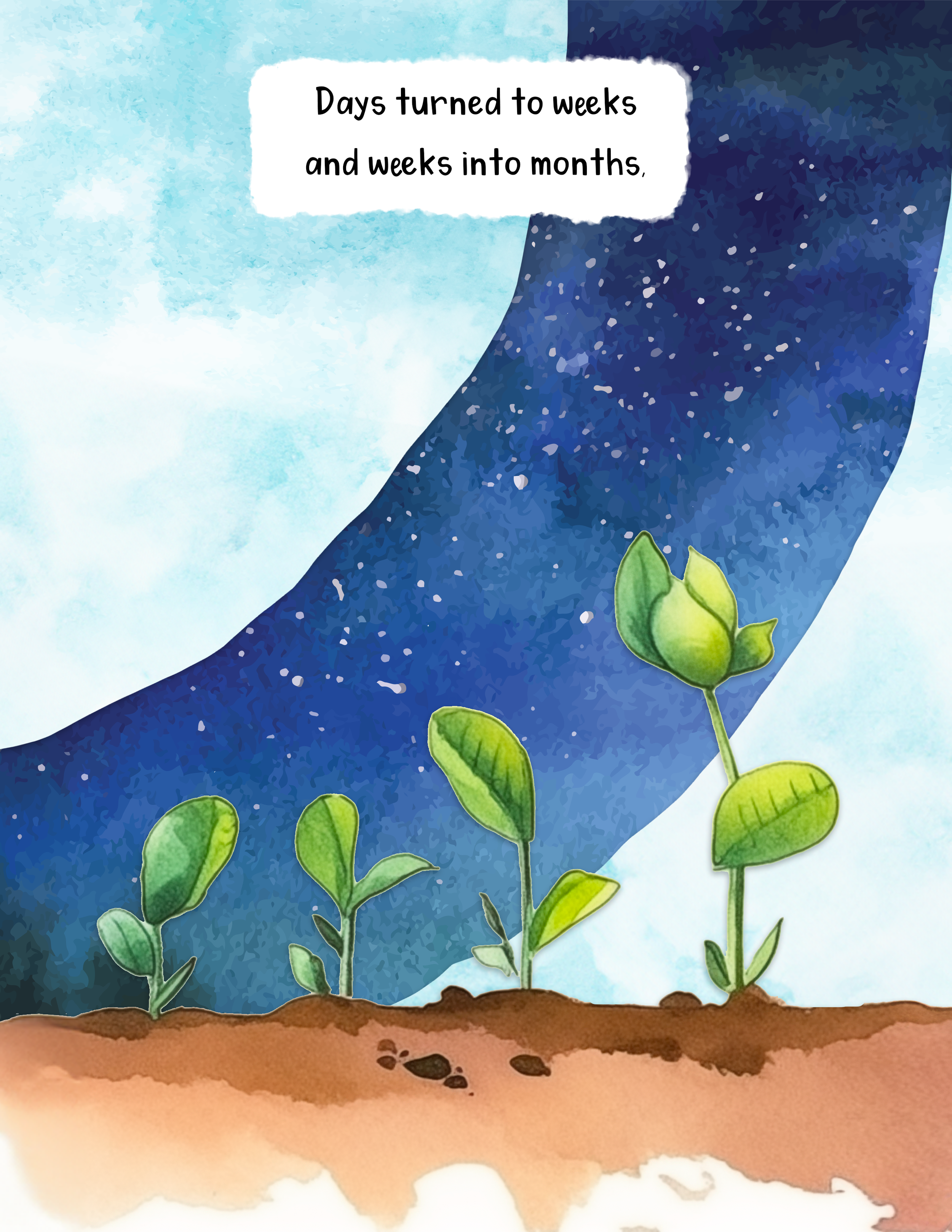 Illustration of the plant life cycle showing soil, seed, sprout, and mature plant with leaves, depicted with watercolor style.