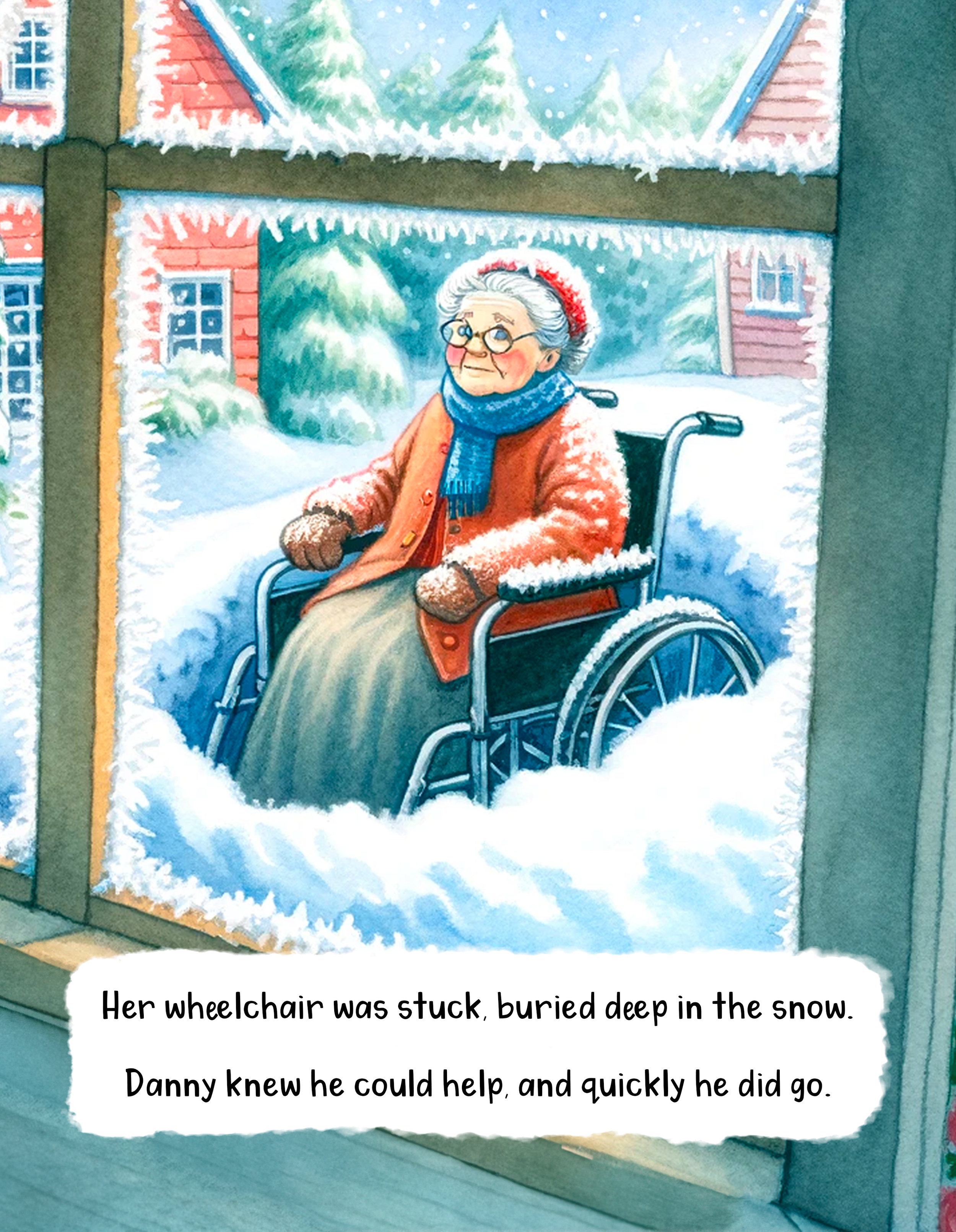 An illustration of an elderly woman with glasses and a red headband, sitting in a wheelchair outdoors in a snowy landscape, with a red house and pine trees in the background.