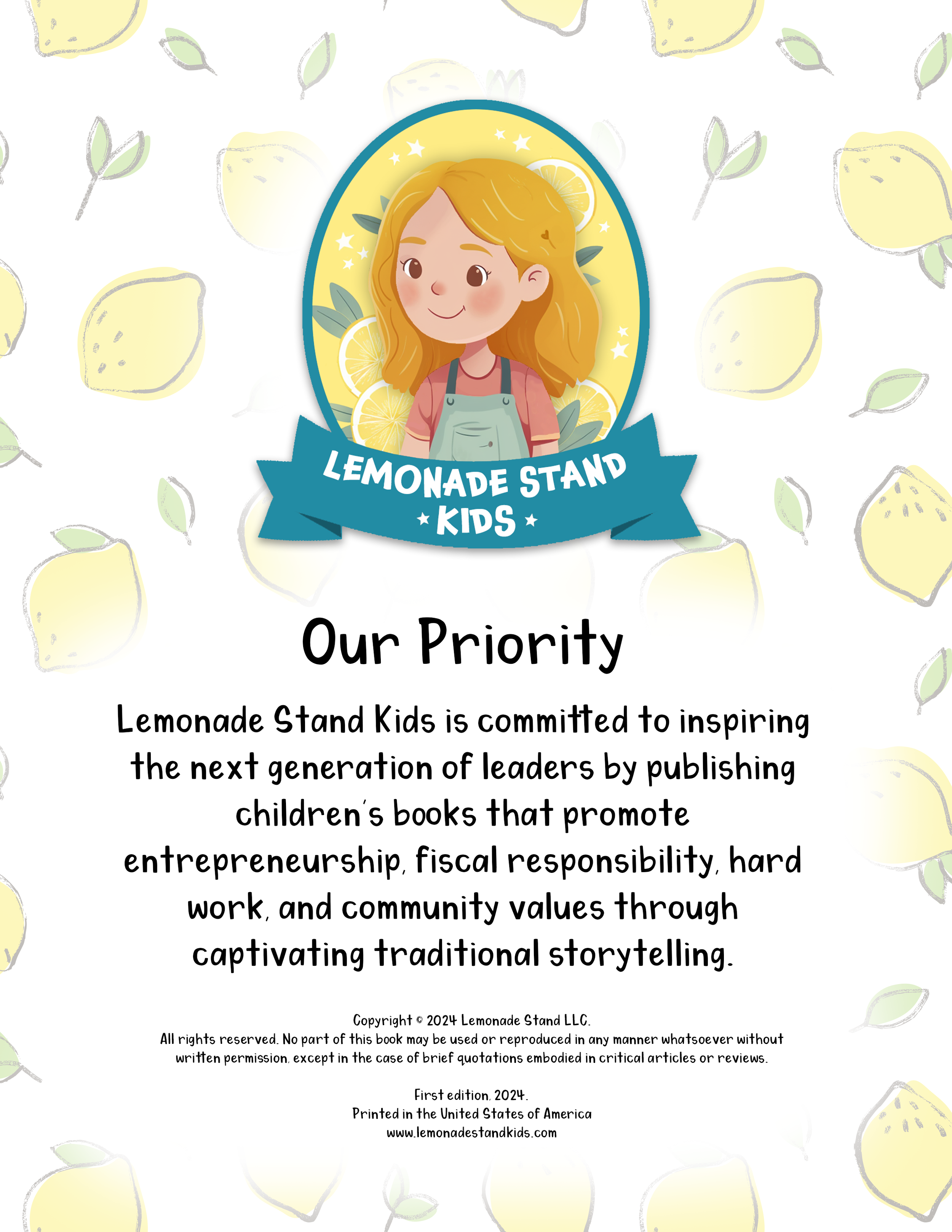 A paper with text and a logo featuring a cartoon girl with blonde hair, a pink shirt, and overalls. The logo has a blue banner with "Lemonade Stand Kids" written on it, surrounded by illustrations of lemon slices and green leaves.