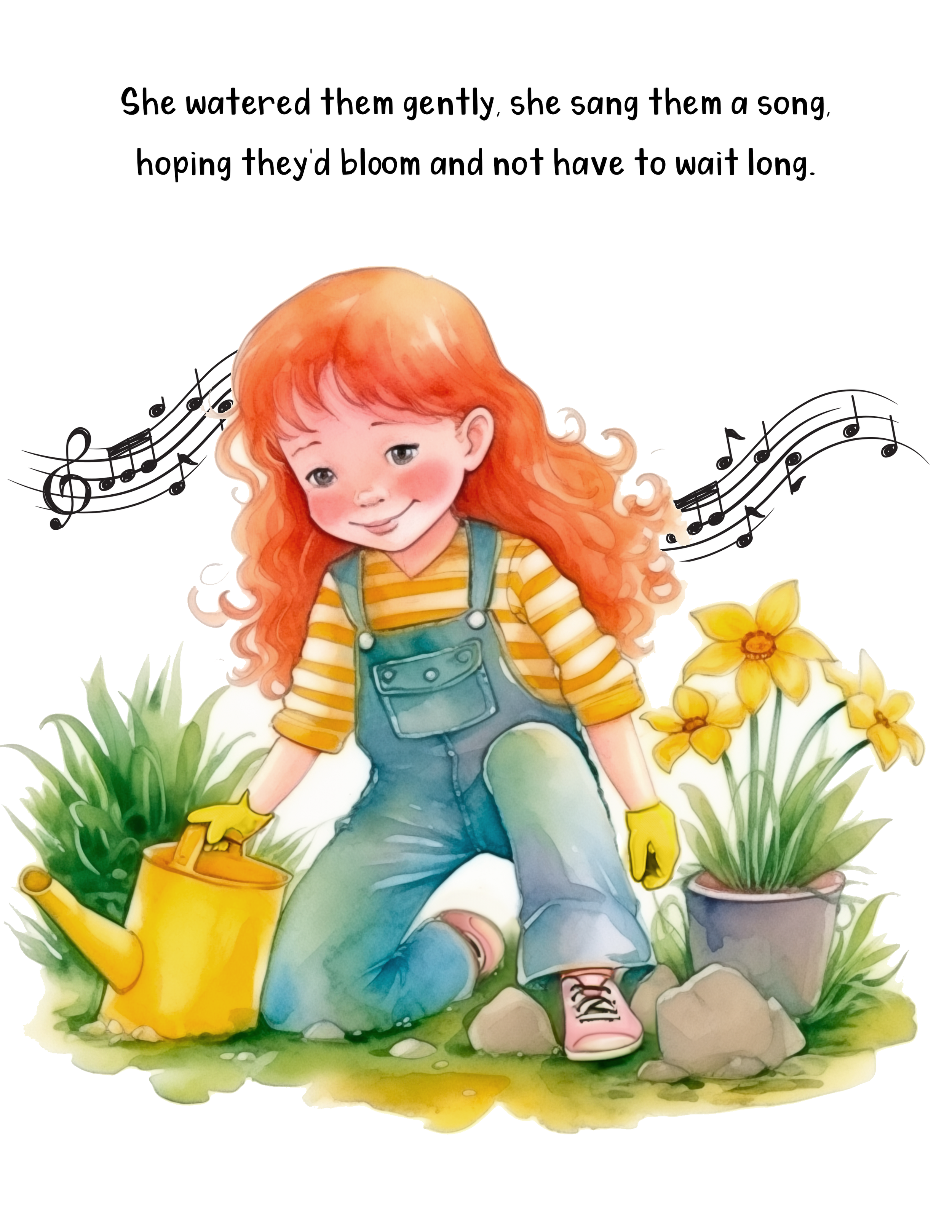 Illustration of a young girl with red curly hair watering and singing to blooming yellow flowers in pots