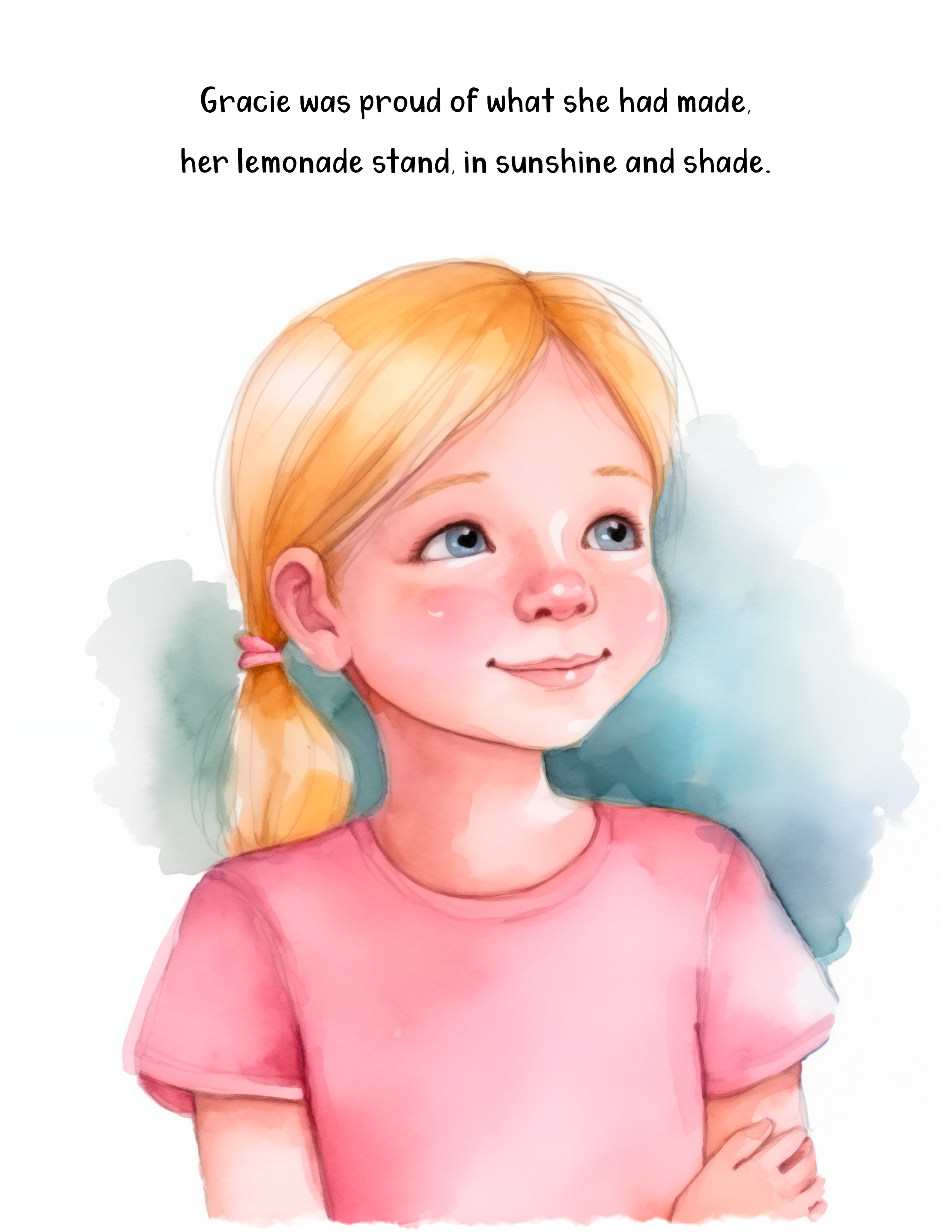 Watercolor portrait of a young girl with blonde hair and blue eyes, wearing a pink shirt, looking up with a slight smile.