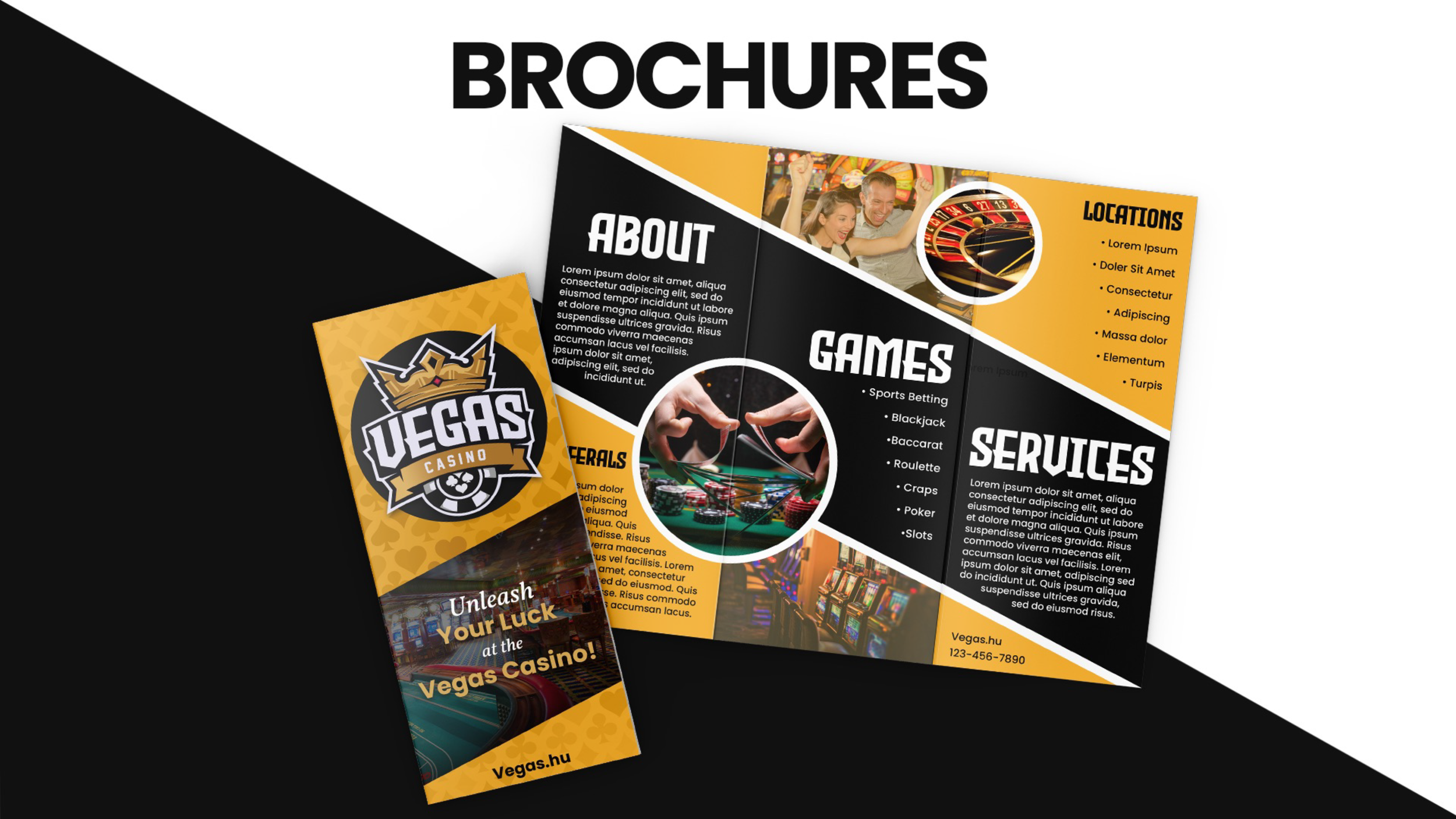 A folded brochure for Vegas Casino featuring images of casino games, a roulette wheel, and smiling people. The brochure contains sections about the casino's services, locations, and game offerings.
