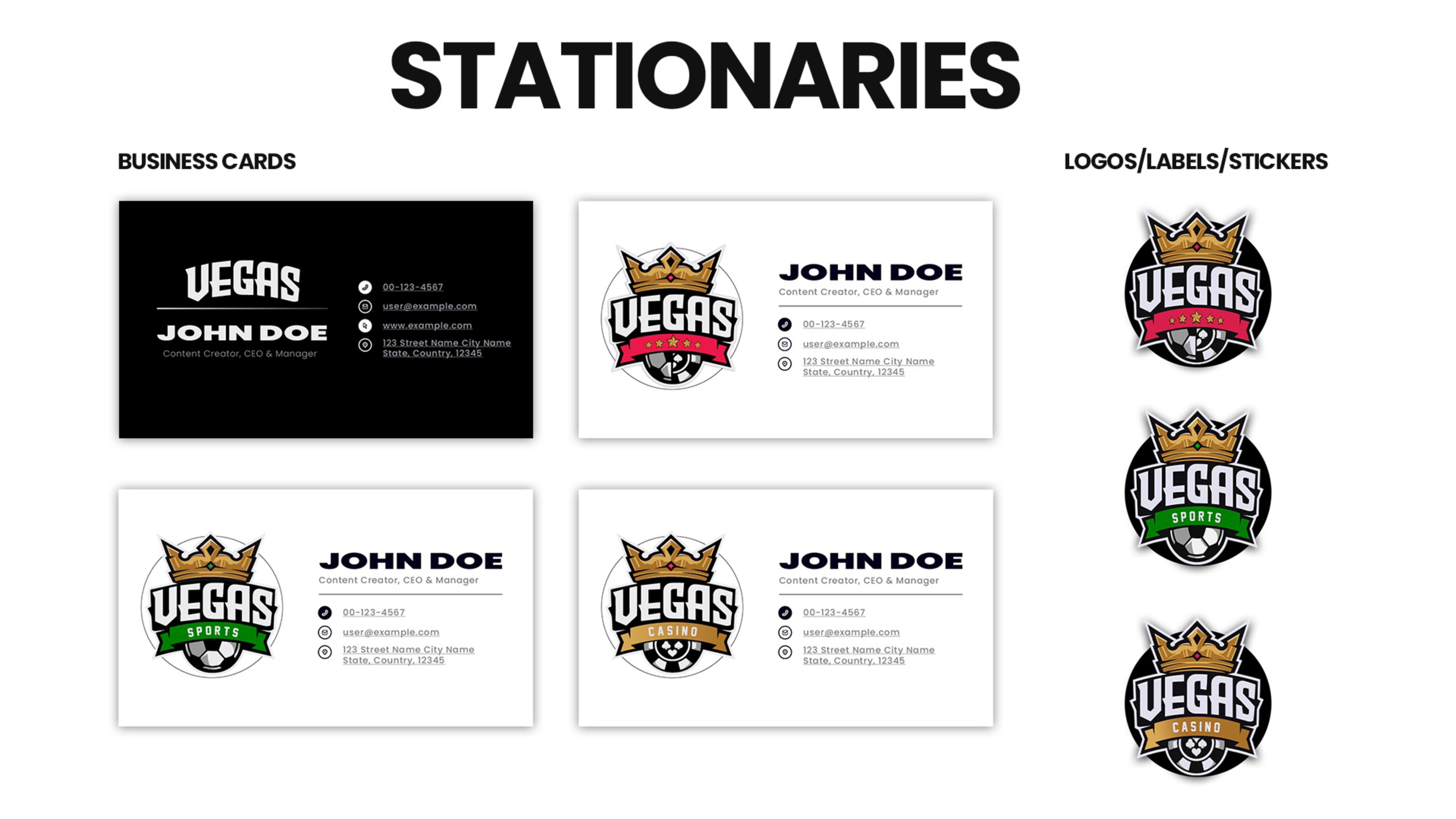 Display of business cards and logo options for Vegas-themed branding, including casino, sports, and general logos with crowns, guns, and soccer ball graphics.