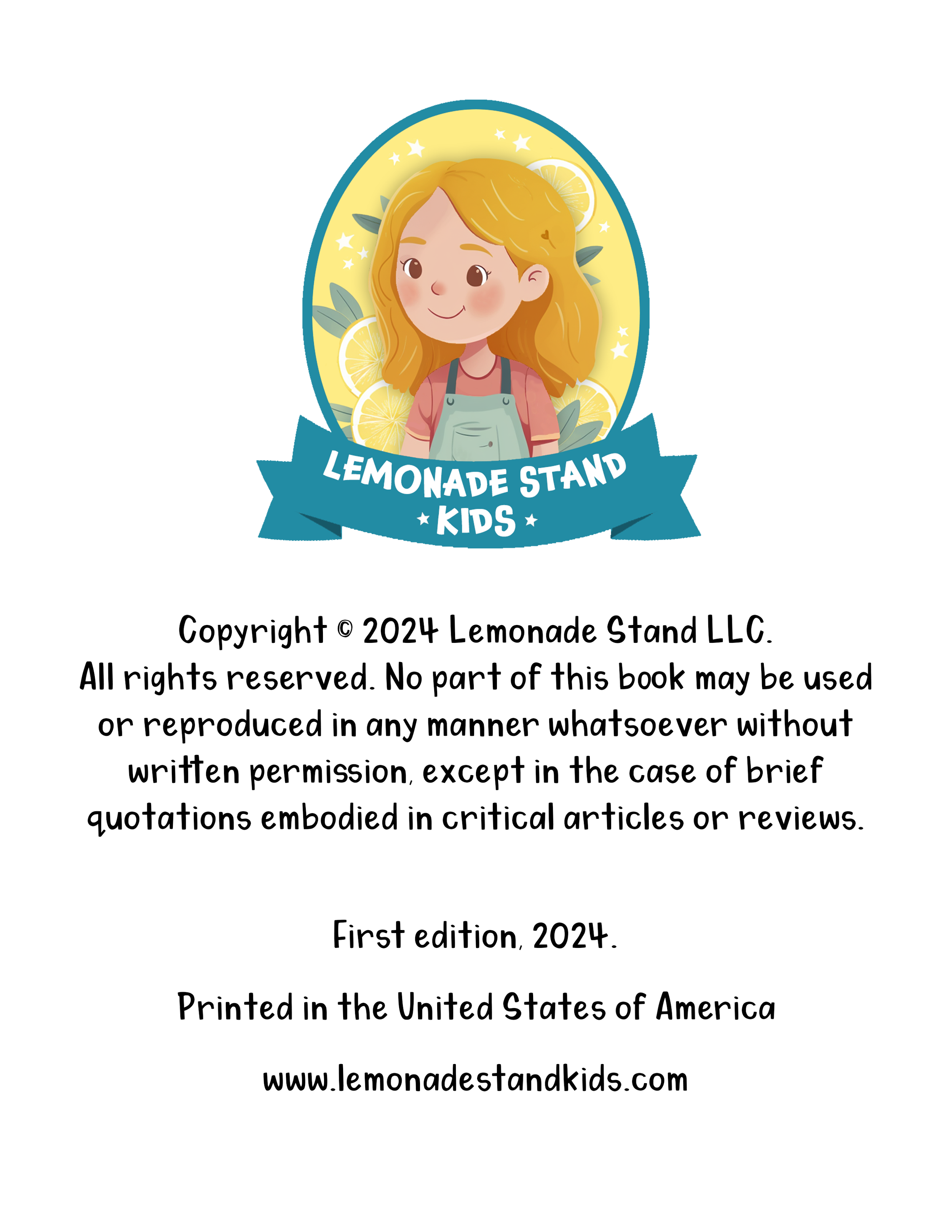 Logo for Lemonade Stand Kids featuring a girl with blonde hair, lemon slices, leaves, and stars, with a blue banner reading 'Lemonade Stand Kids'
