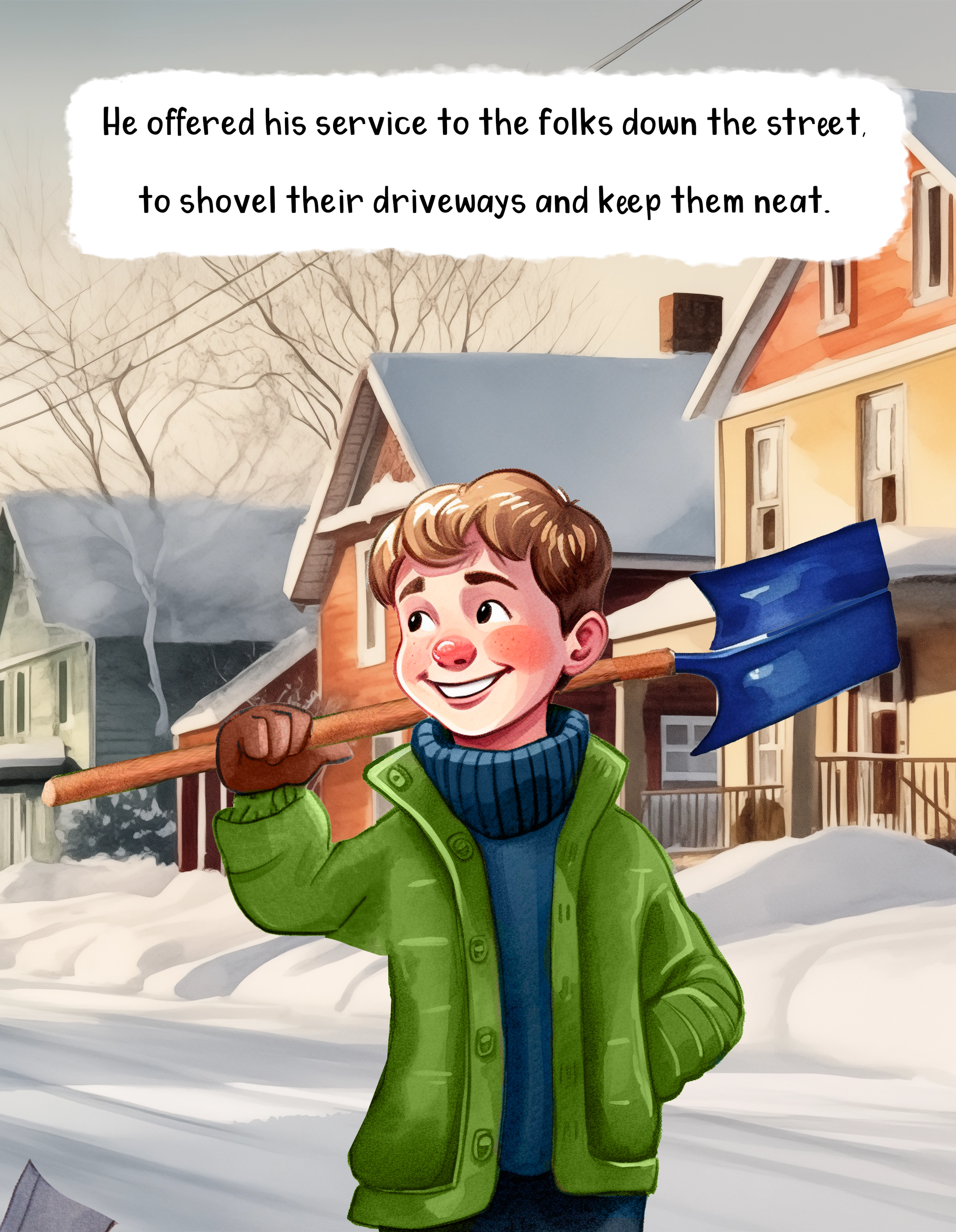A young boy dressed in a green winter coat and blue scarf holding a snow shovel, standing outside in a snowy neighborhood with houses and snow-covered trees.