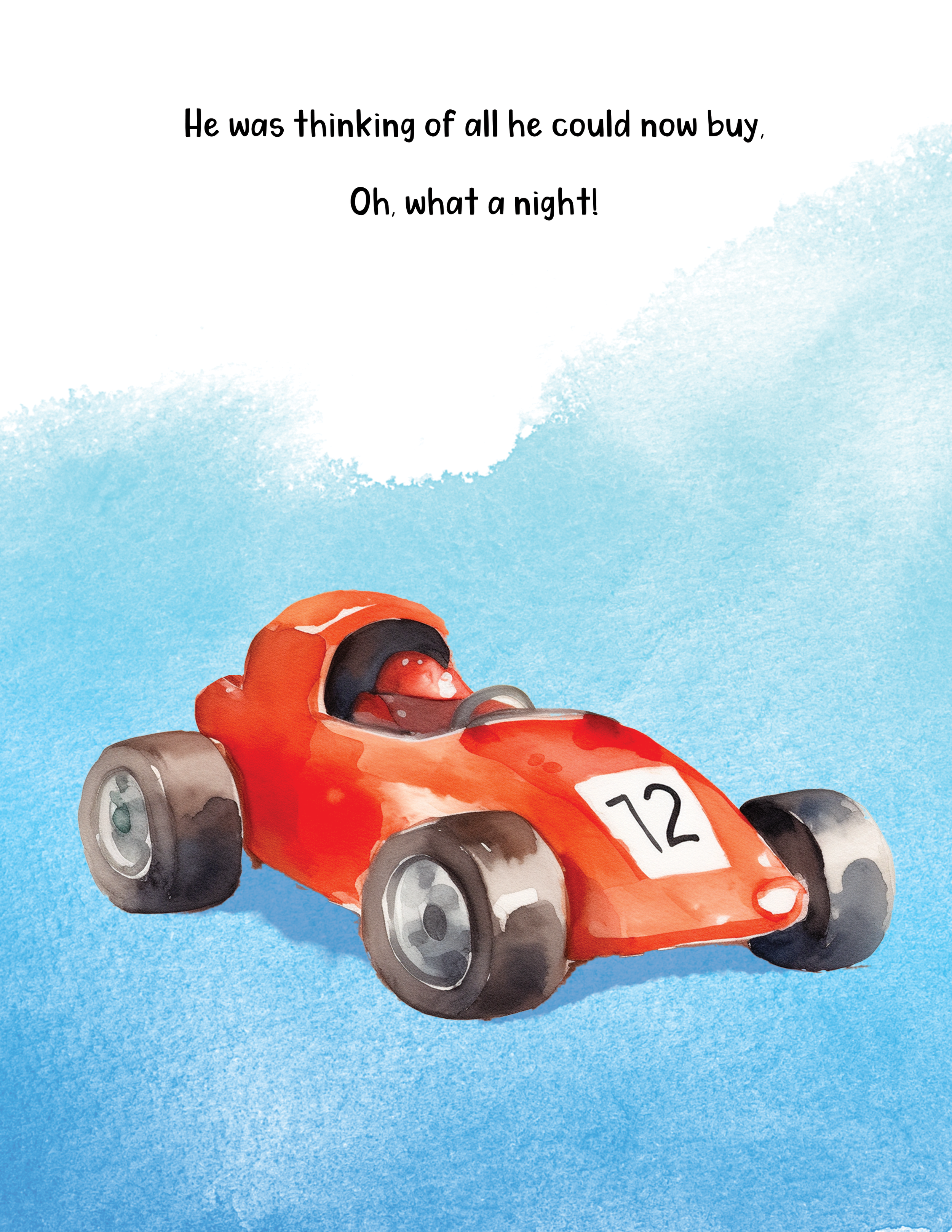 Watercolor illustration of a red race car with the number 12, viewed from the front, on a blue background.