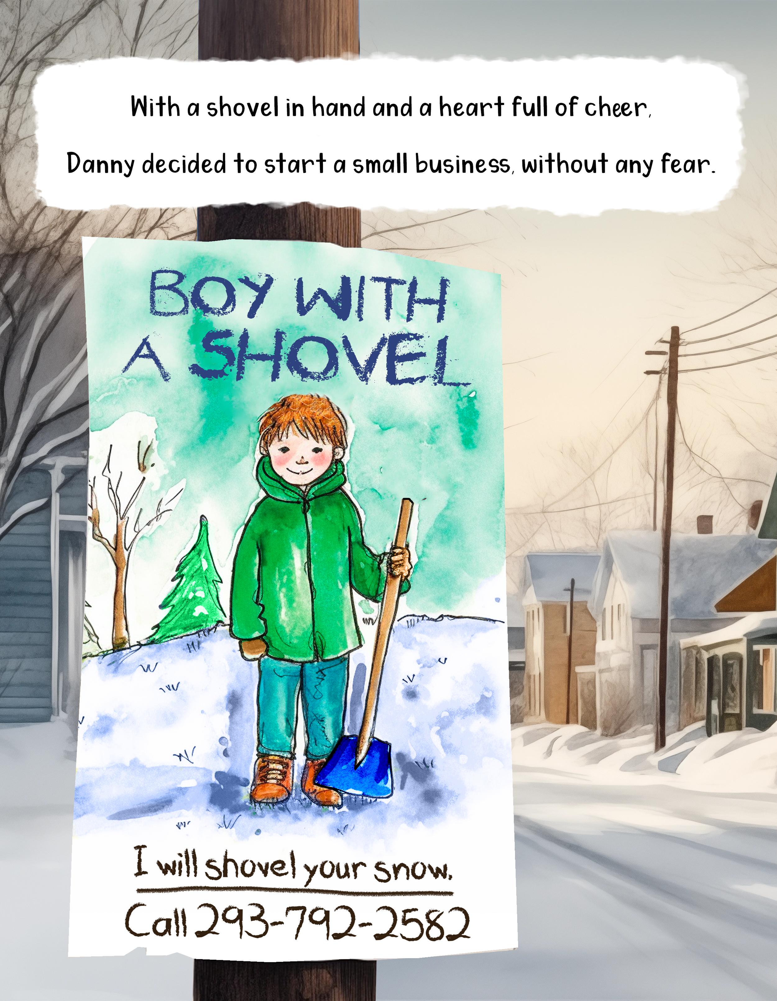 A colorful illustrated flyer showing a boy in a green jacket and orange boots, holding a blue shovel, standing in snowy terrain with a pine tree and bare trees in the background. The flyer reads: 'BOY WITH A SHOVEL' and includes a message: 'I will sh