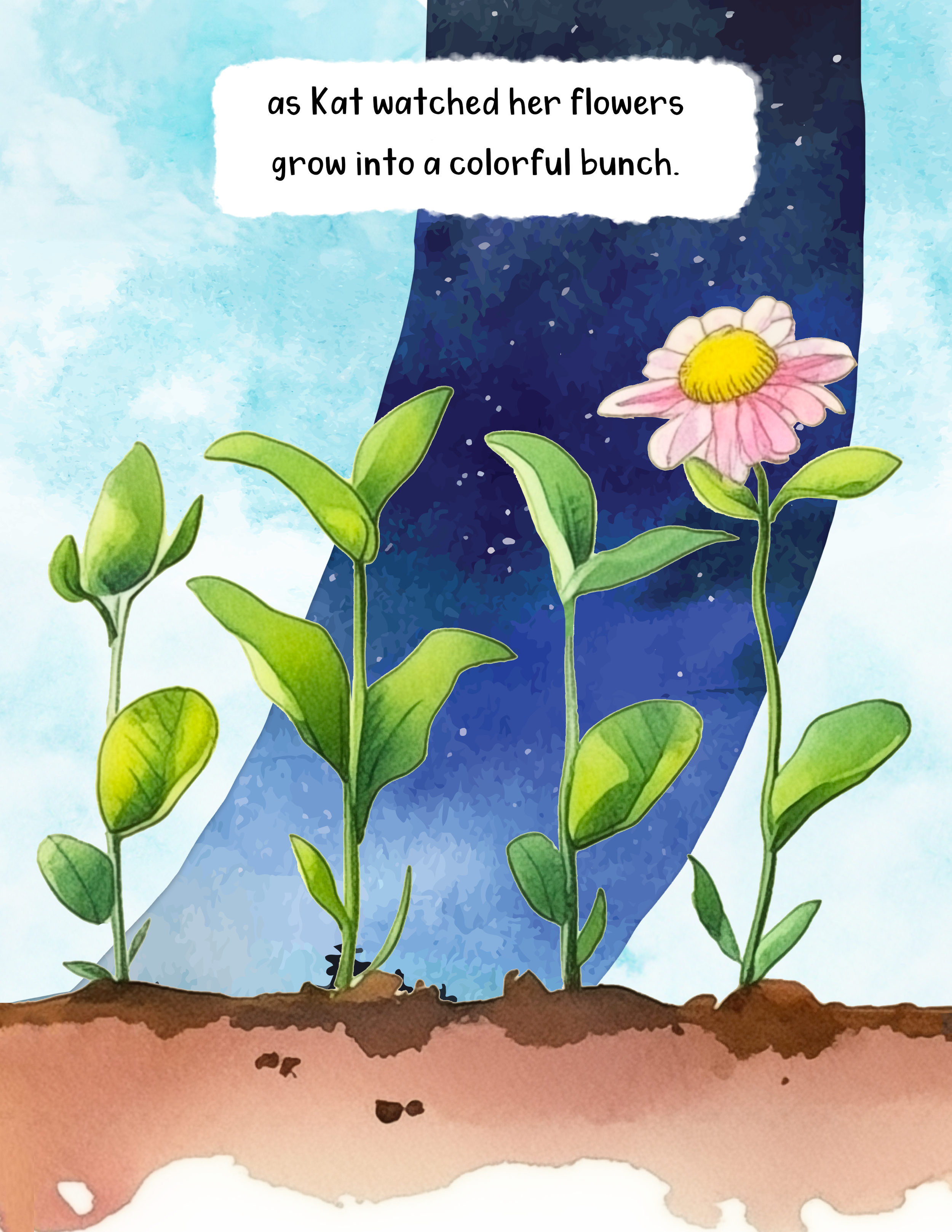 Watercolor illustration of young green plants growing in soil, with a pink flower blooming on one of the plants. In the background, a dark blue sky with white stars is visible.