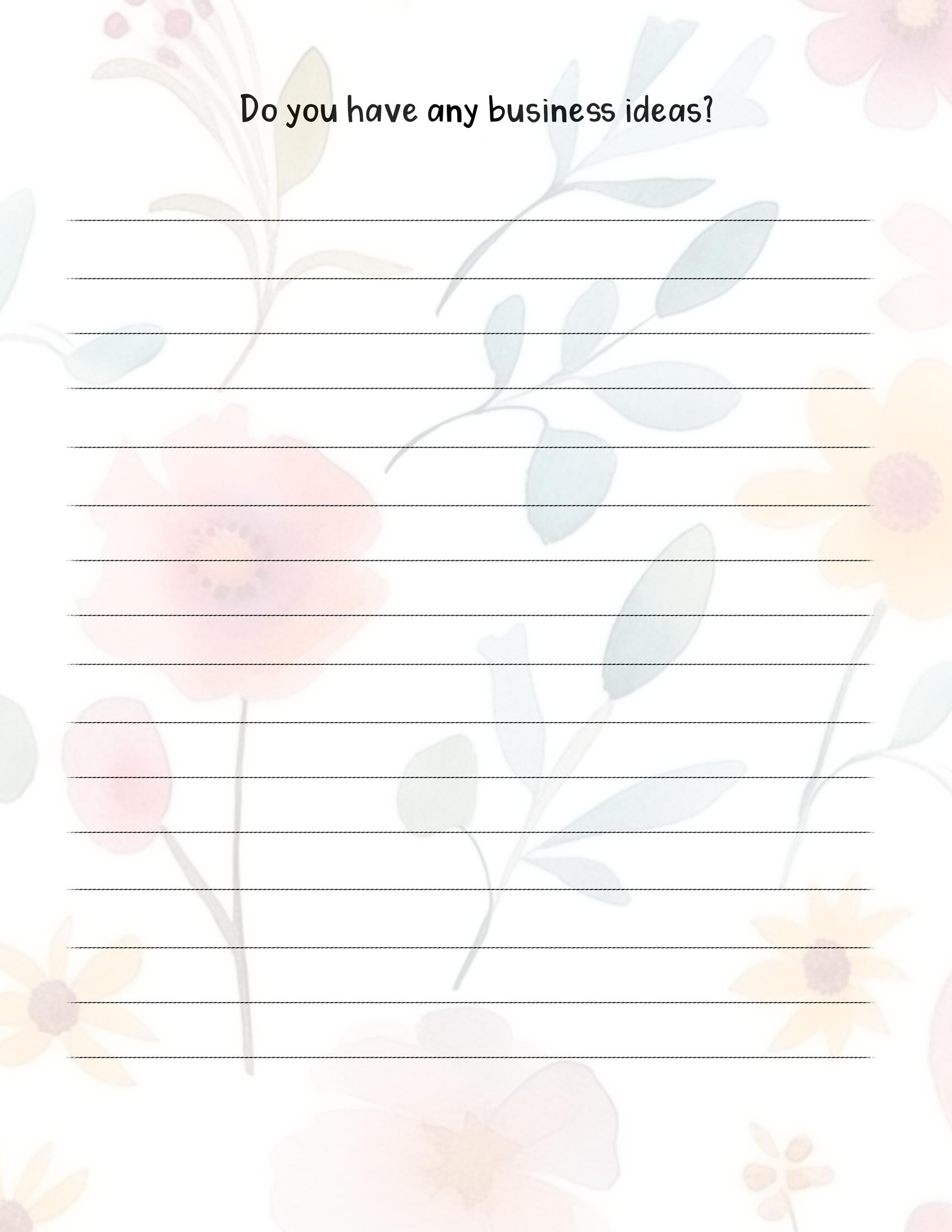 A note with the text 'Do you have any business ideas?' over a watercolor background with flowers and leaves.