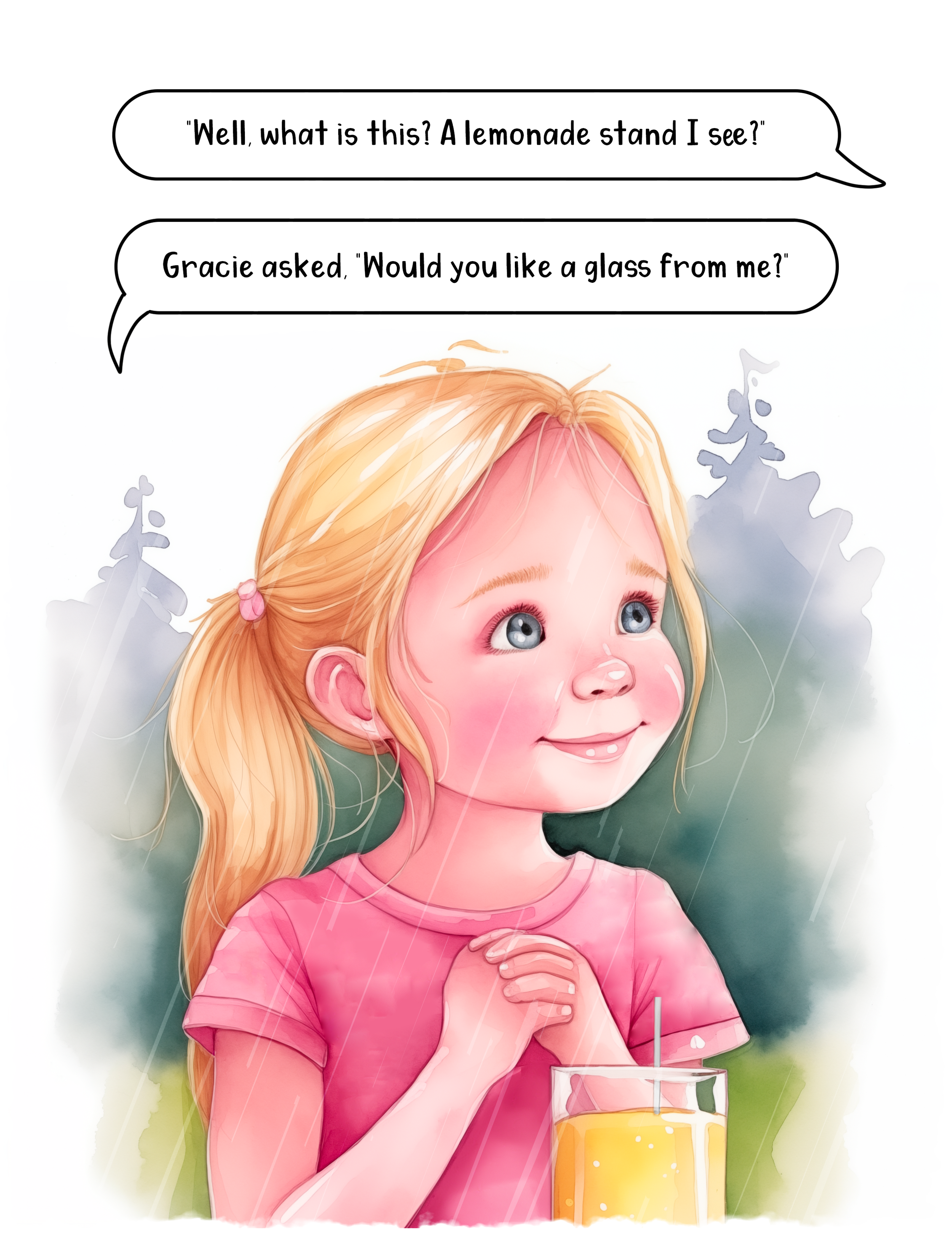 A young girl with blonde hair looking up and smiling, wearing a pink shirt, holding a glass of orange juice through rain.