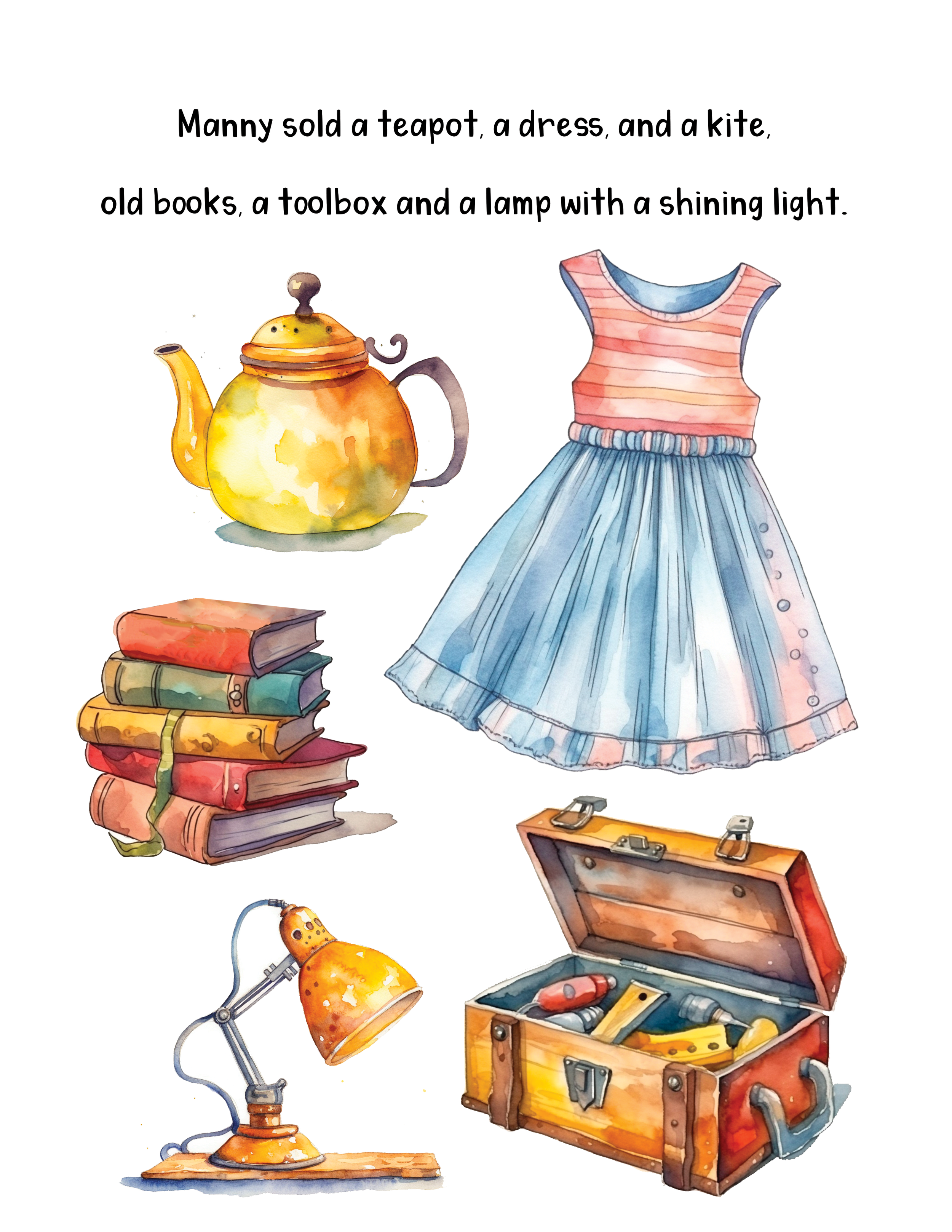 Watercolor painting of various vintage items, including a yellow teapot, a dress, a kite, a stack of old books, a toolbox with tools, a desk lamp, a vintage case, and a yellow desk lamp.