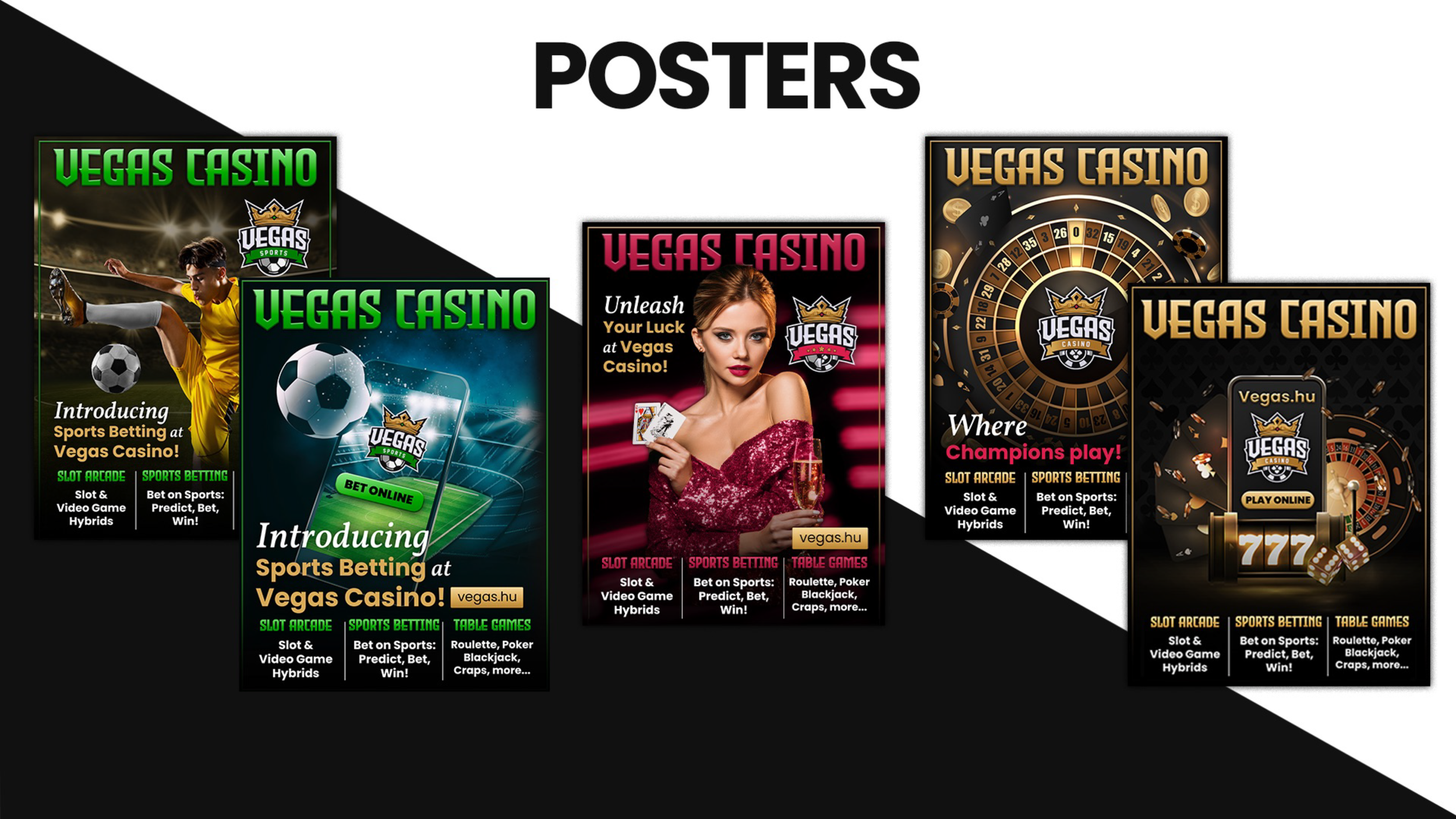 Collection of four Vegas Casino posters advertising sports betting, table games, and slot machines, featuring various graphics and a woman holding a glass of wine.