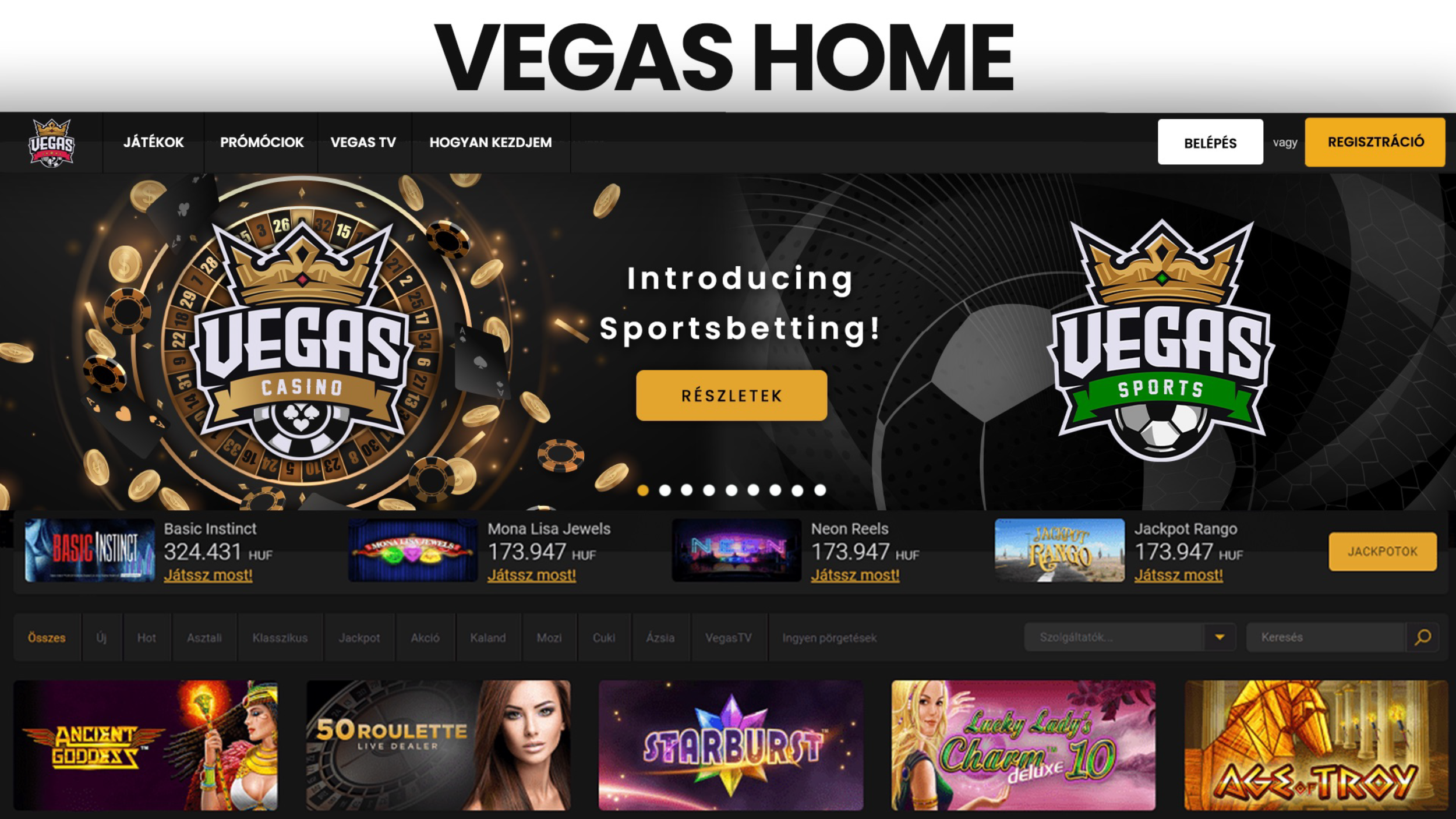 Homepage of Vegas casino website featuring promotions for sports betting, casino games, and various online slot games, with a black background, gold accents, and navigation menu.