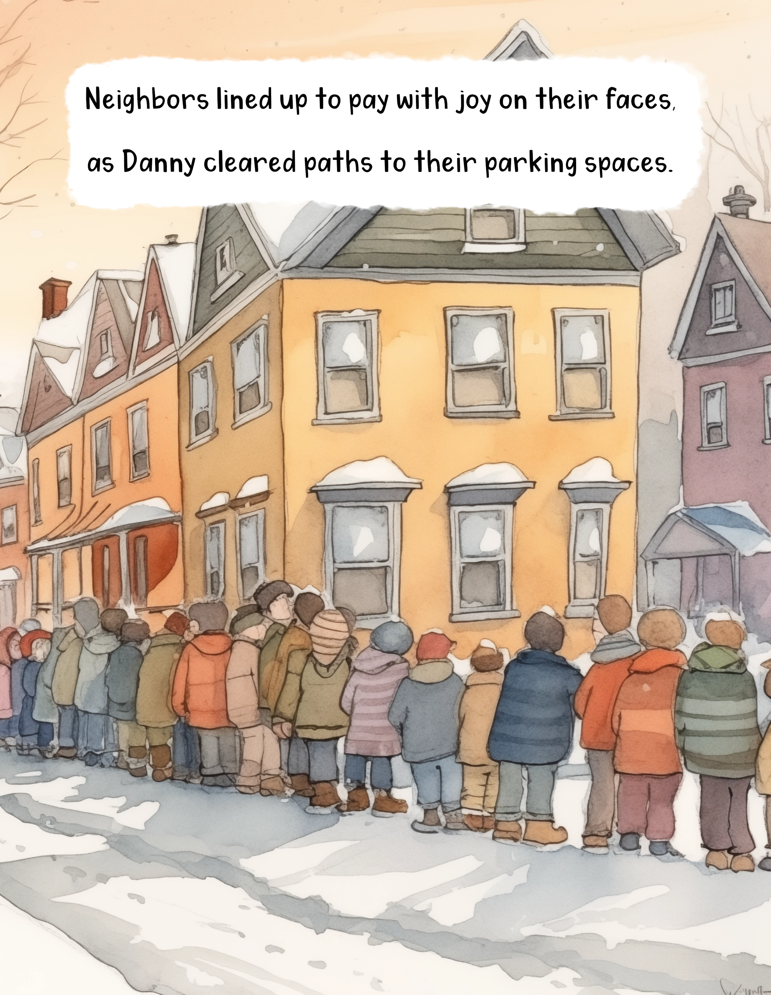 A watercolor painting showing a large crowd of people dressed in winter clothing, standing in line on a snowy street in front of colorful houses, with some snow on the rooftops, as if waiting for something.