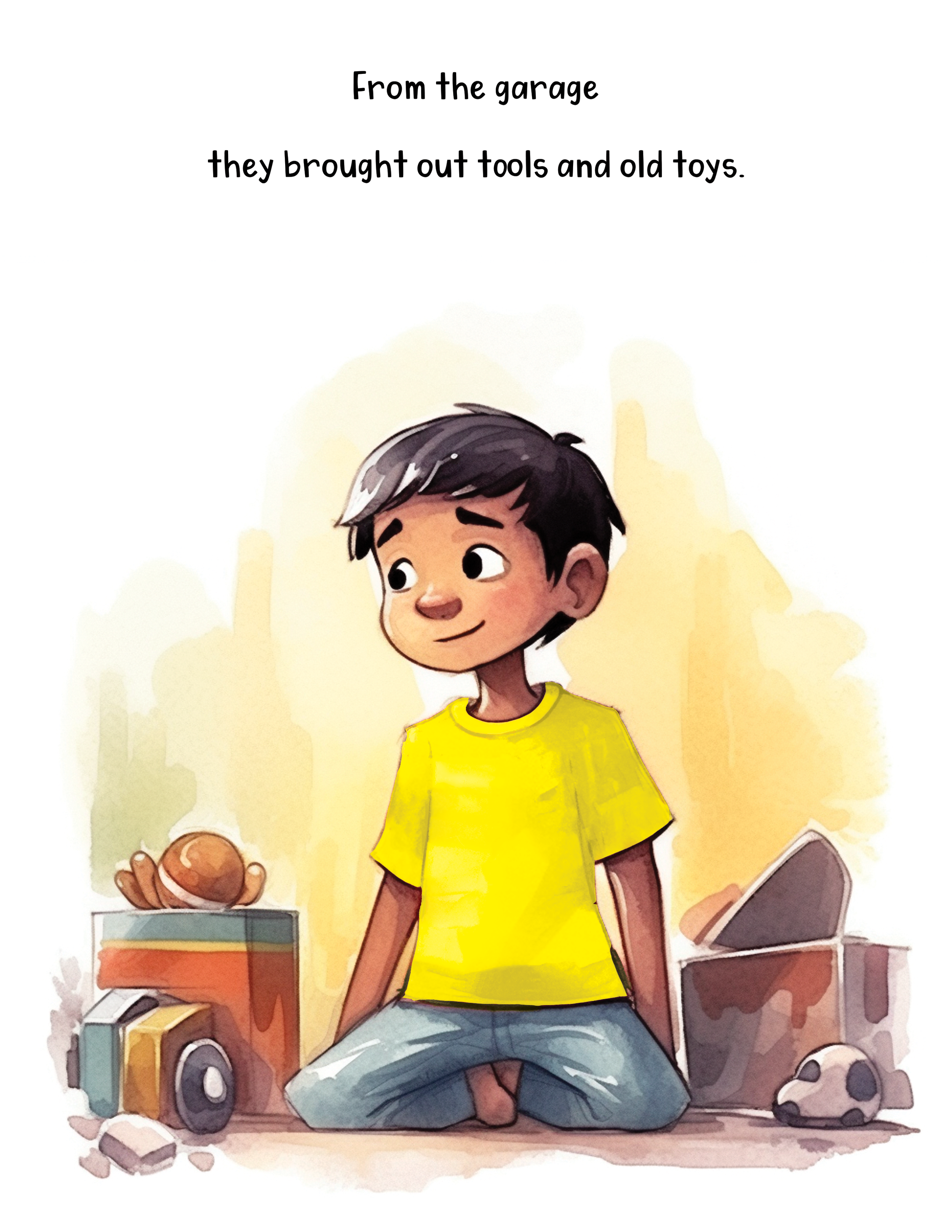 A young boy with dark hair, wearing a yellow shirt and blue jeans, is sitting on the floor amidst scattered objects including a toy car, a speaker, and a potted plant. He is smiling and holding a potato in his right hand. The background shows a light