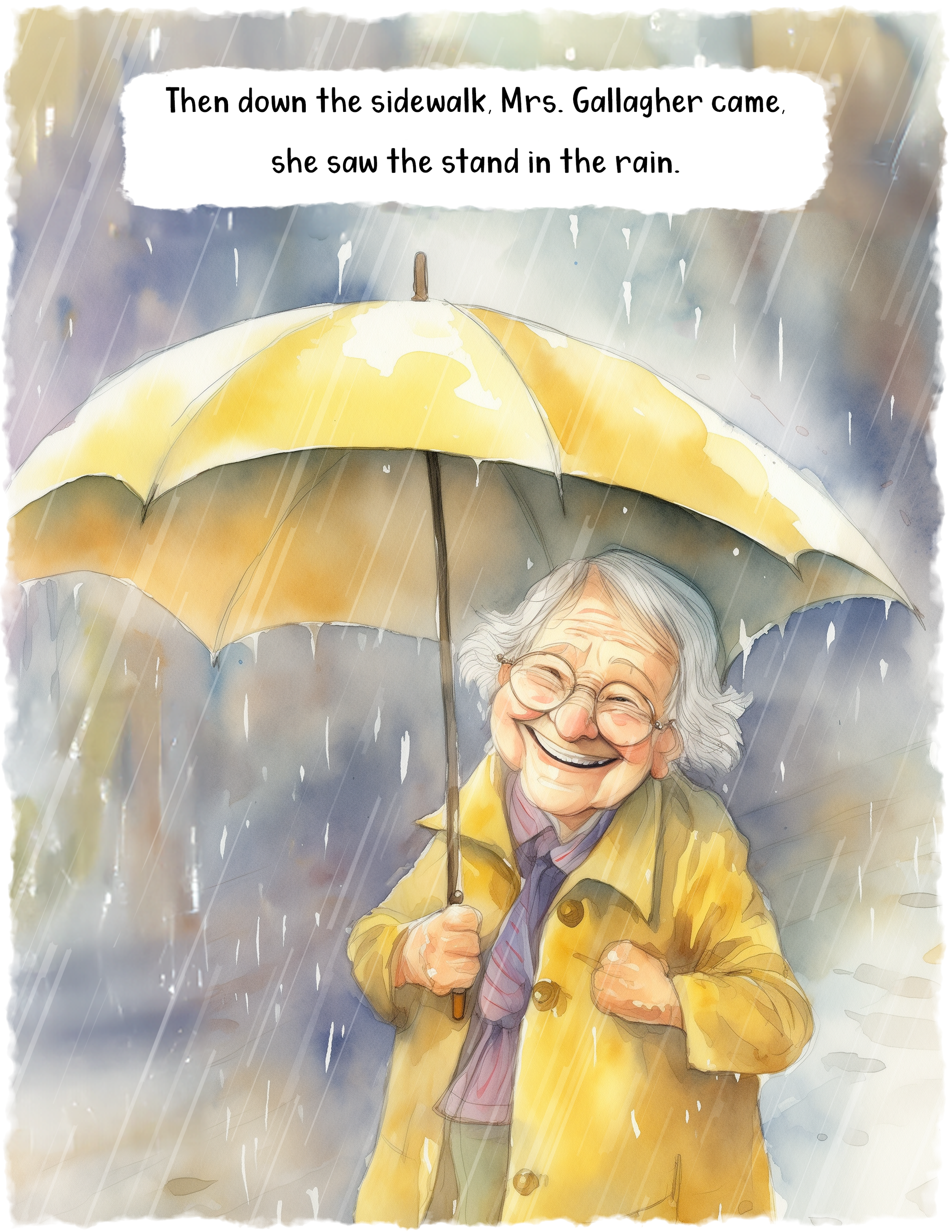 An elderly woman with glasses smiling happily while holding an umbrella during a rainstorm. She is wearing a yellow raincoat and appears joyful despite the rainy weather.