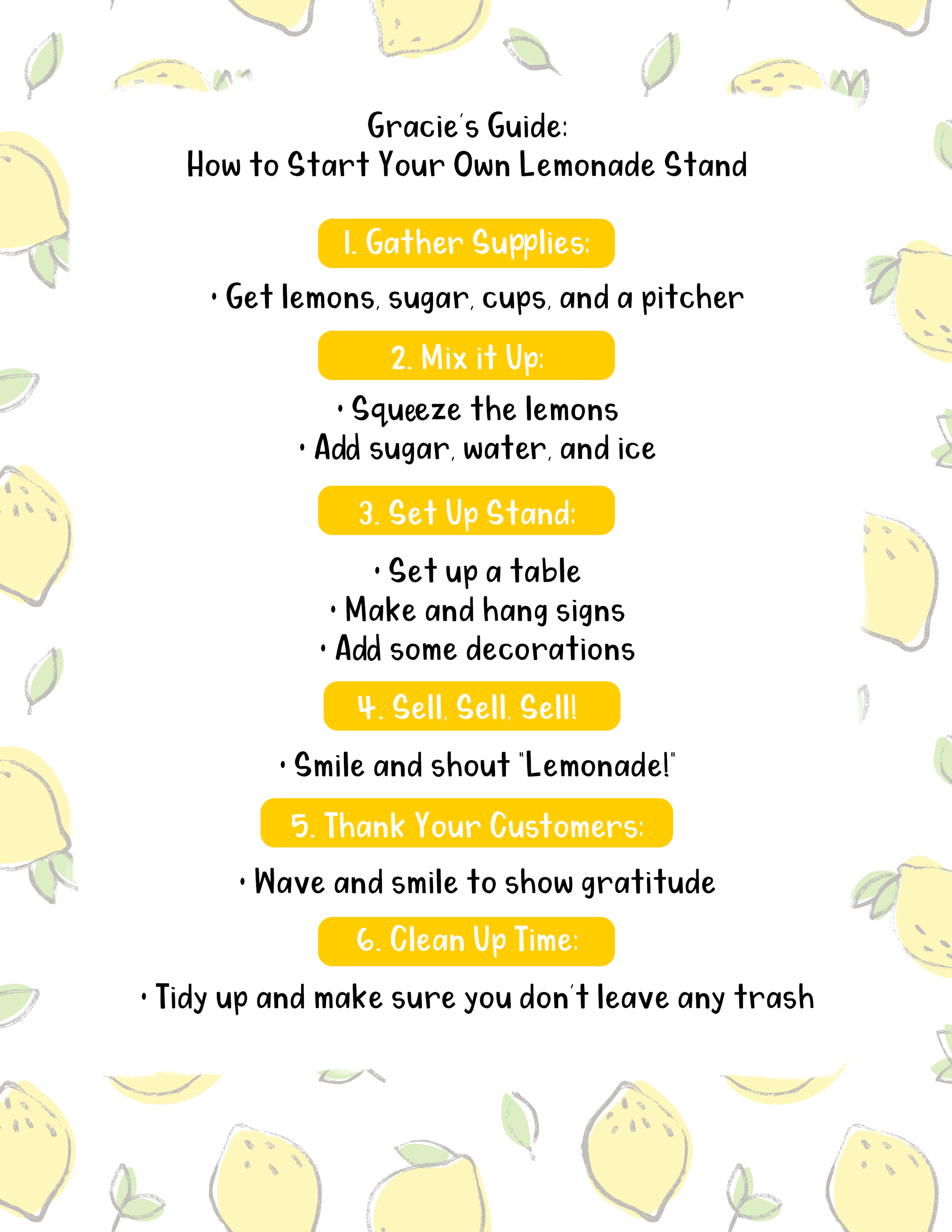 A colorful infographic with lemons and leaves in the background, titled 'Gracie's Guide: How to Start Your Own Lemonade Stand'. It provides a step-by-step guide with numbered yellow labels for steps including gathering supplies, mixing lemonade, sett