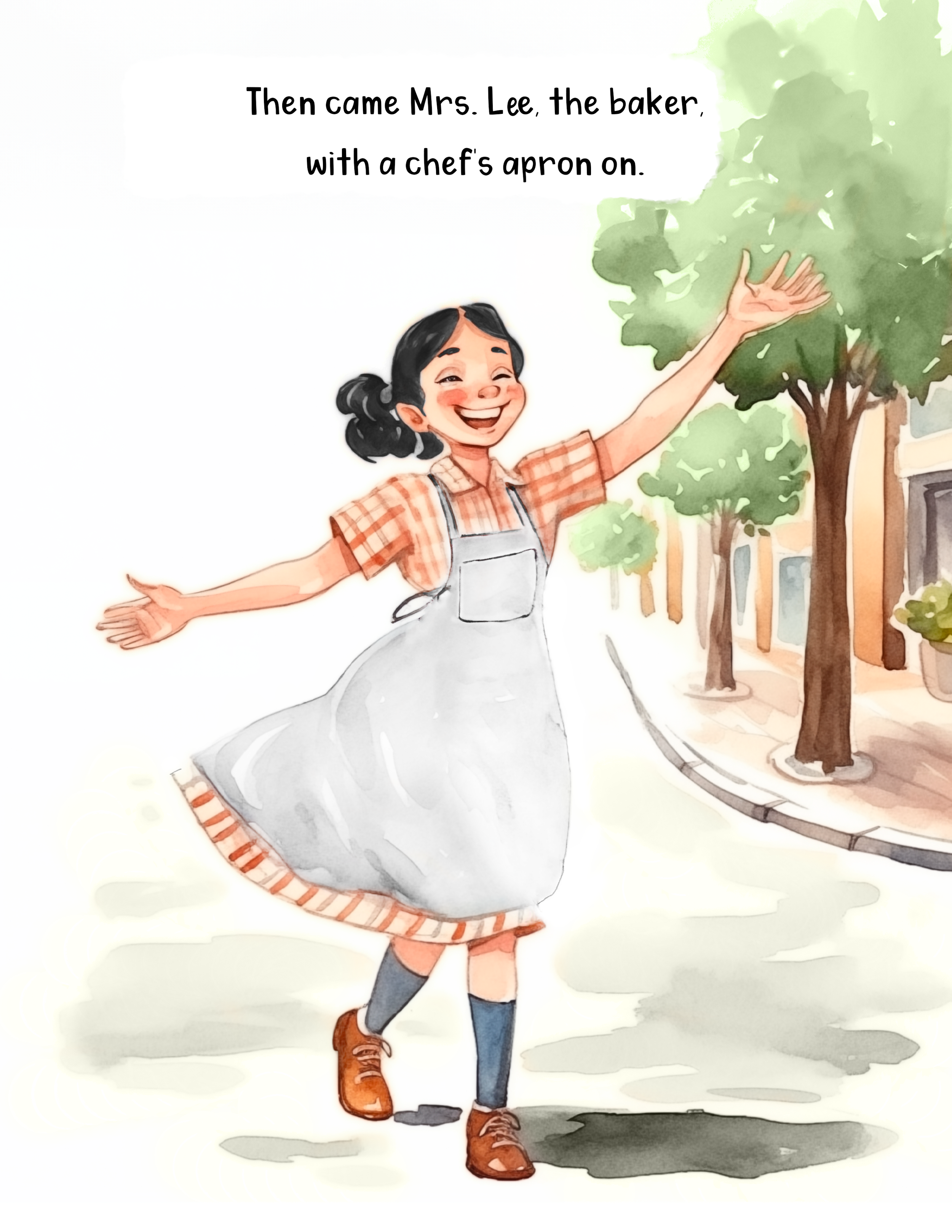 A young girl wearing a brown plaid shirt, white apron, blue knee-high socks, and brown shoes, happily skipping down a sidewalk with her arms outstretched and smiling. She is walking past trees and a building.