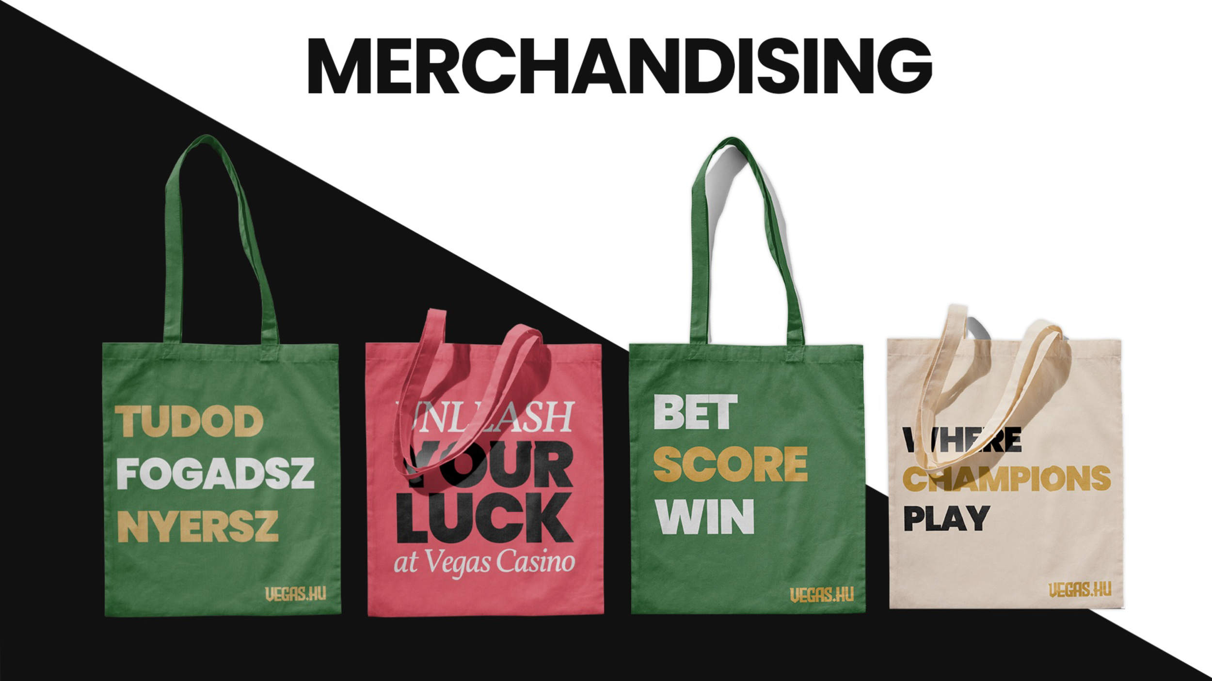 Four tote bags with motivational and gambling-themed phrases, arranged in a line against a black and white background, featuring green, pink, and beige colors.