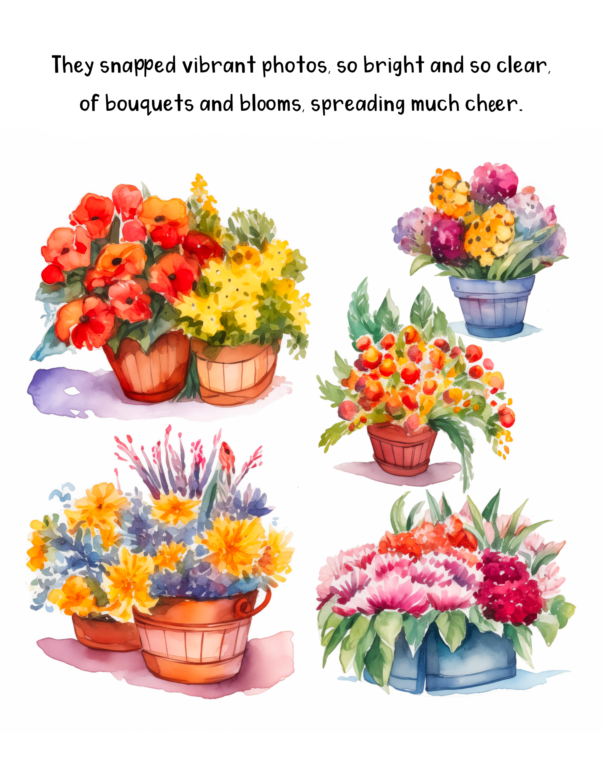 Watercolor illustrations of vibrant flower arrangements in colorful pots, including red, yellow, purple, and pink flowers with green leaves.