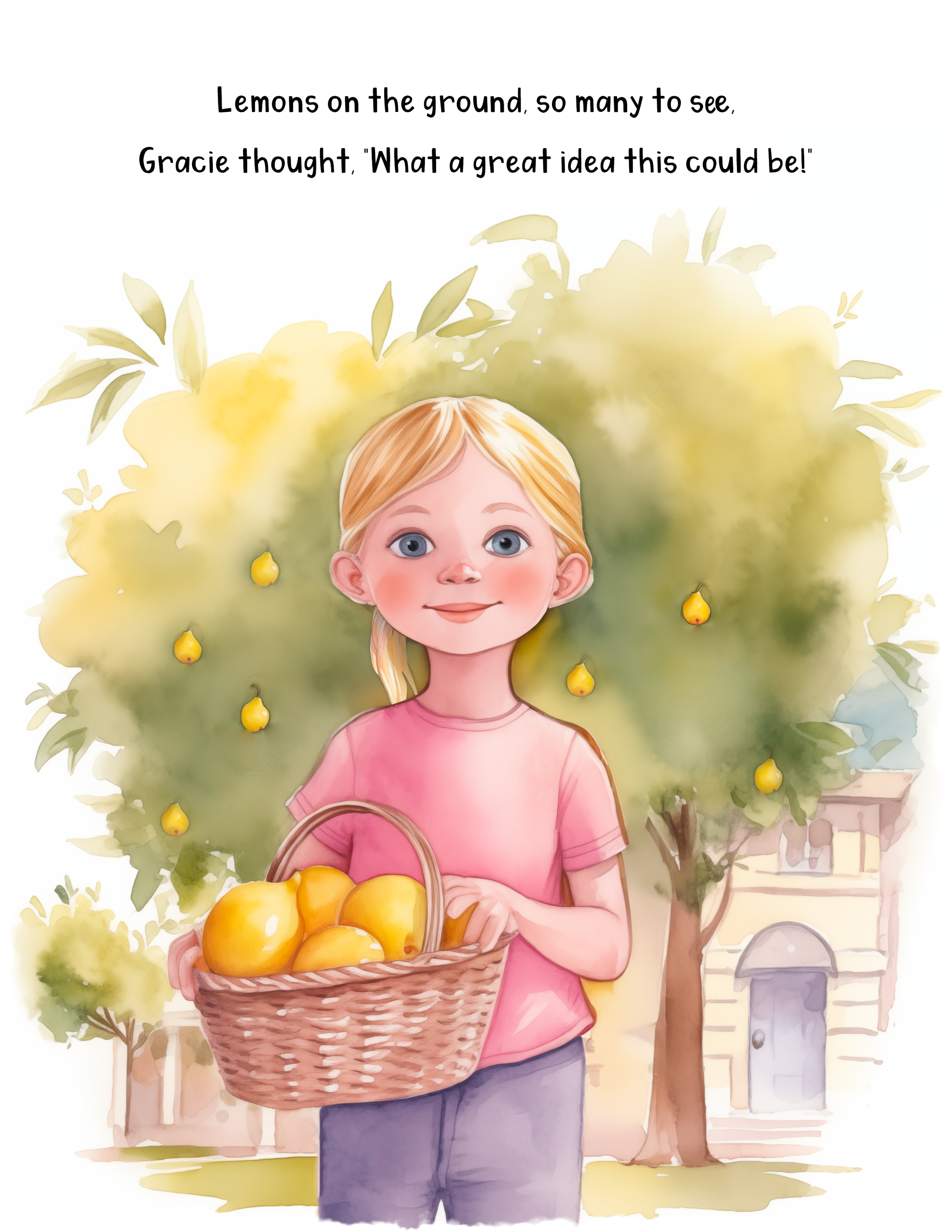 A young girl holding a basket of yellow lemons in front of a lemon tree in a street with houses.