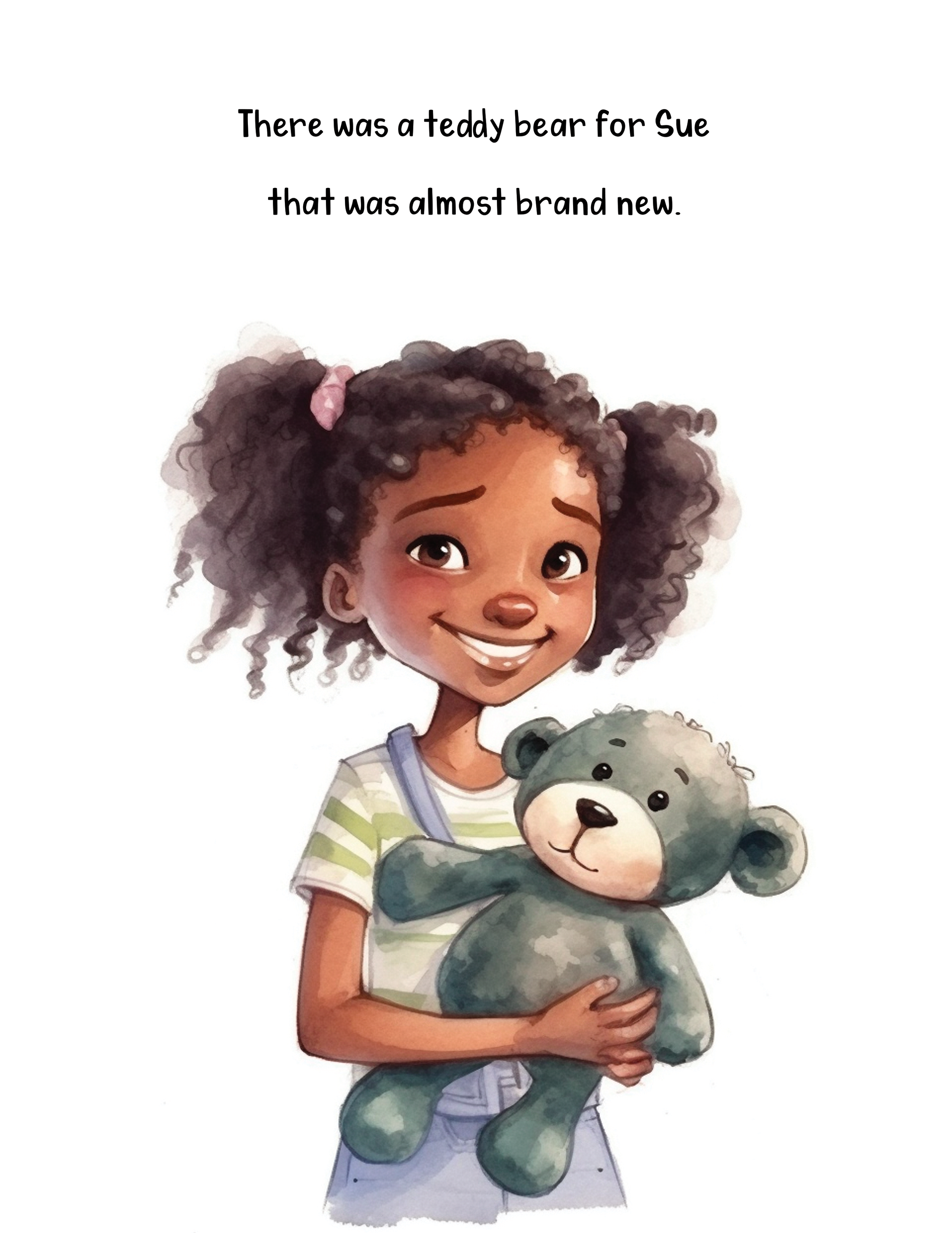 A young girl with curly brown hair, wearing a green and white striped shirt, holding a gray stuffed bear, smiling.