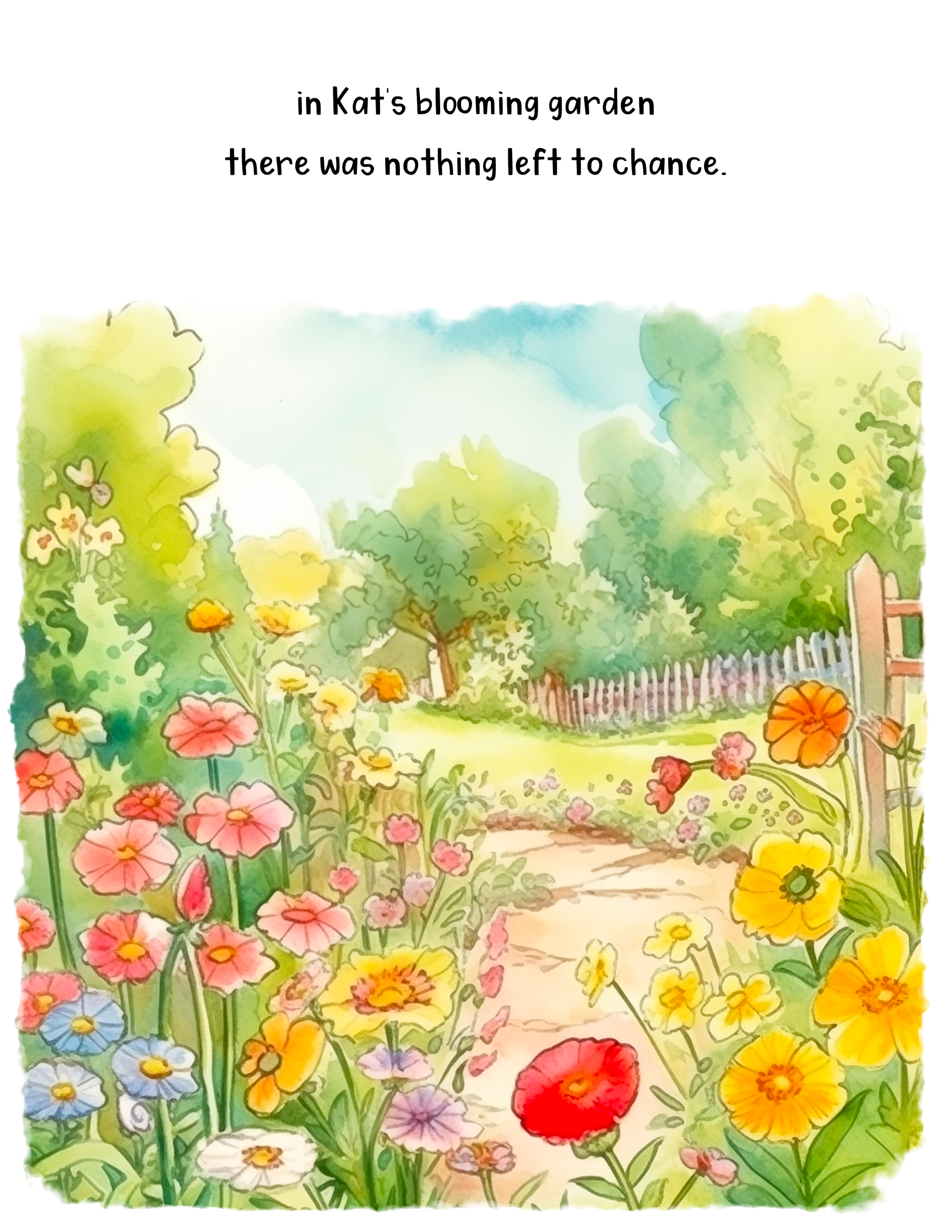 Colorful illustration of a blooming garden with various flowers, trees, and a wooden fence in the background, with the text "in Kat's blooming garden there was nothing left to chance." at the top.